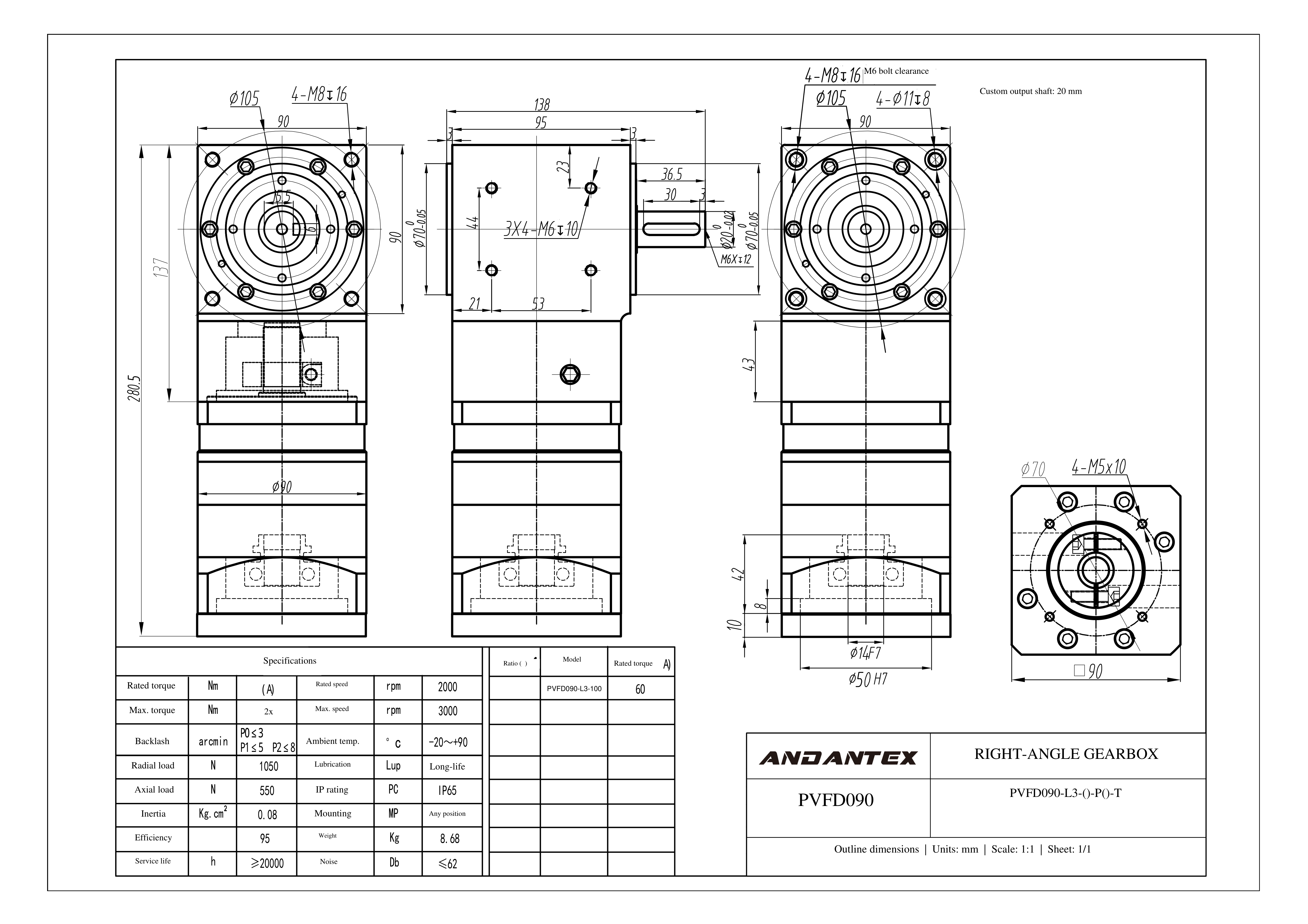 恩坦斯特 ANDANTEX PVFD090 减速机 L3 20Output-Shaft-PVFD090-L3-14-50-70-M5单轴-113 2D安装尺寸图