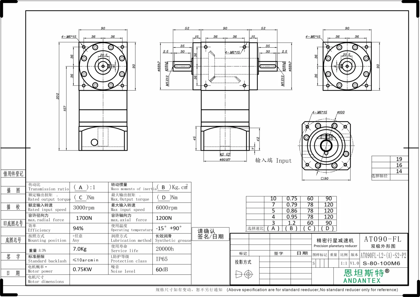恩坦斯特 ANDANTEX AT090-FL 双轴输出直角减速机 L2 S-80-100M6 — STEP Ø19 mm 二维安装尺寸图