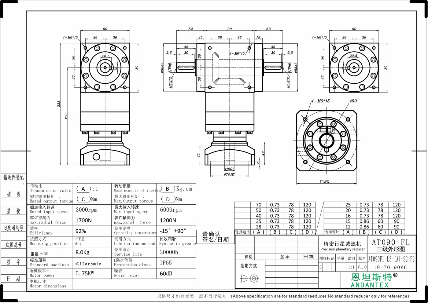 恩坦斯特 ANDANTEX AT090-FL 双轴输出直角减速机 L3 19-70-90M6 二维安装尺寸图