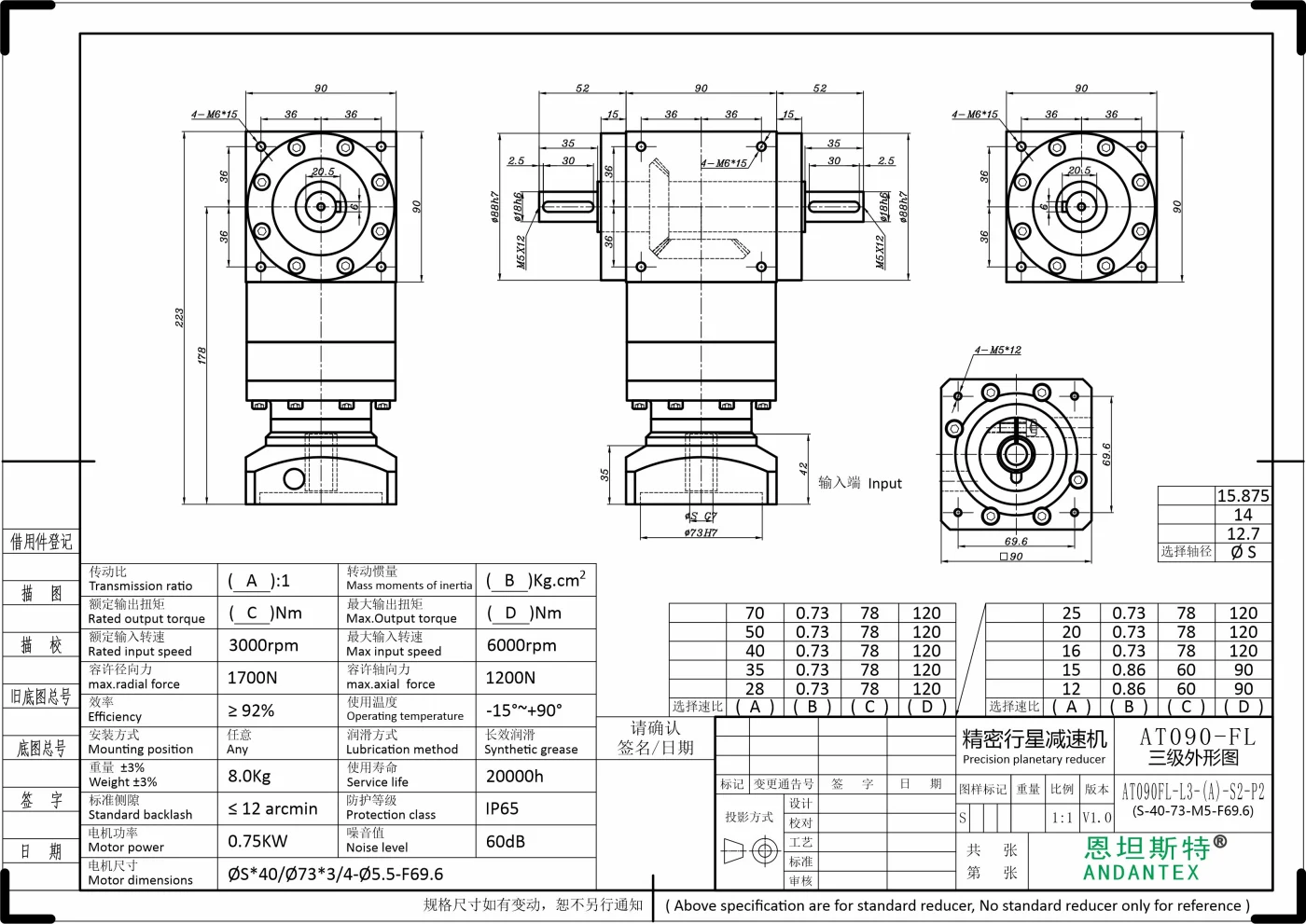 恩坦斯特 ANDANTEX AT090-FL 双轴输出直角减速机 L3 S-73-98.44M5 — STEP Ø12.7 mm 二维安装尺寸图
