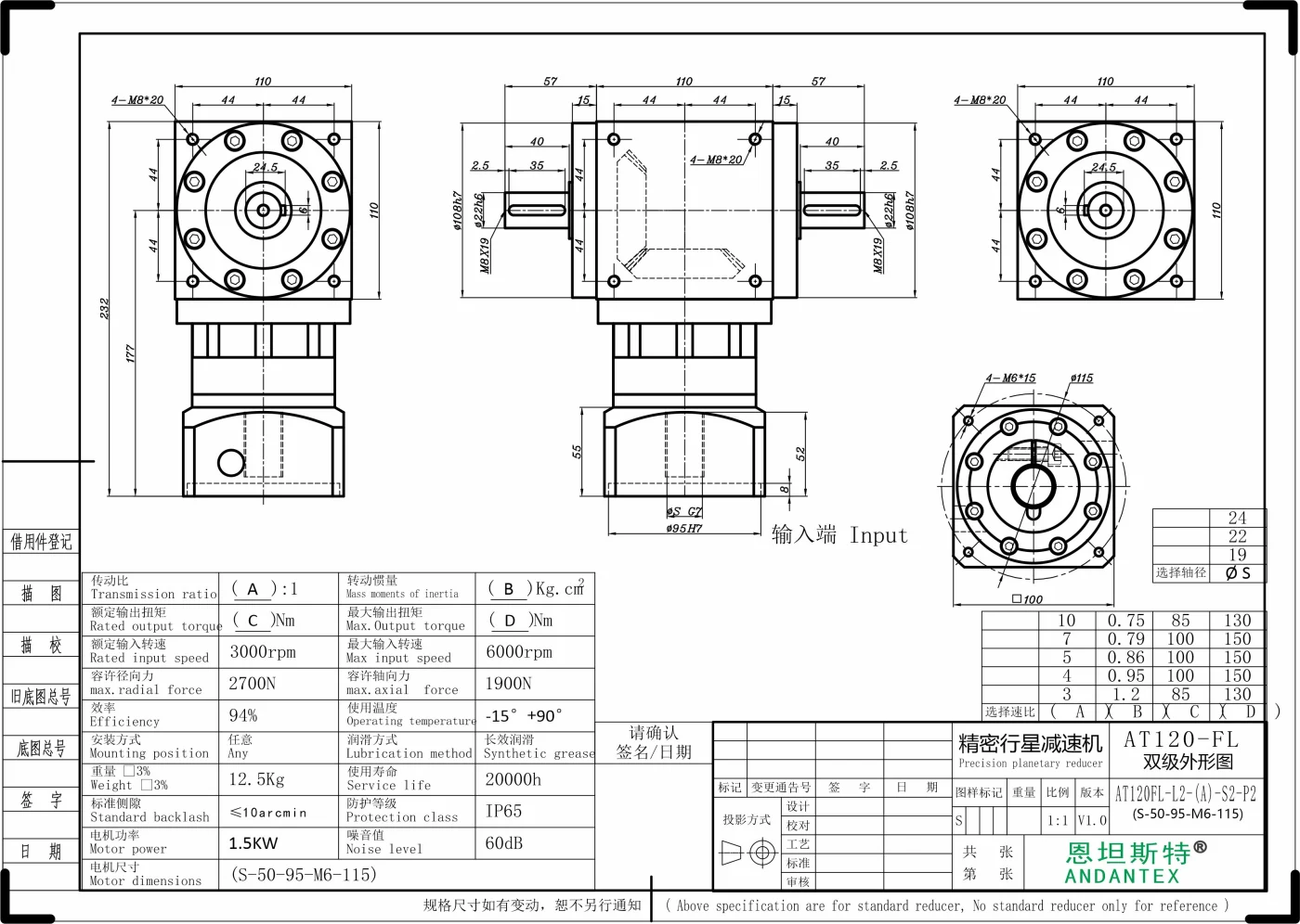 恩坦斯特 ANDANTEX AT120-FL 双轴输出直角减速机 L2 S-95-115M6 — STEP Ø24 mm 二维安装尺寸图