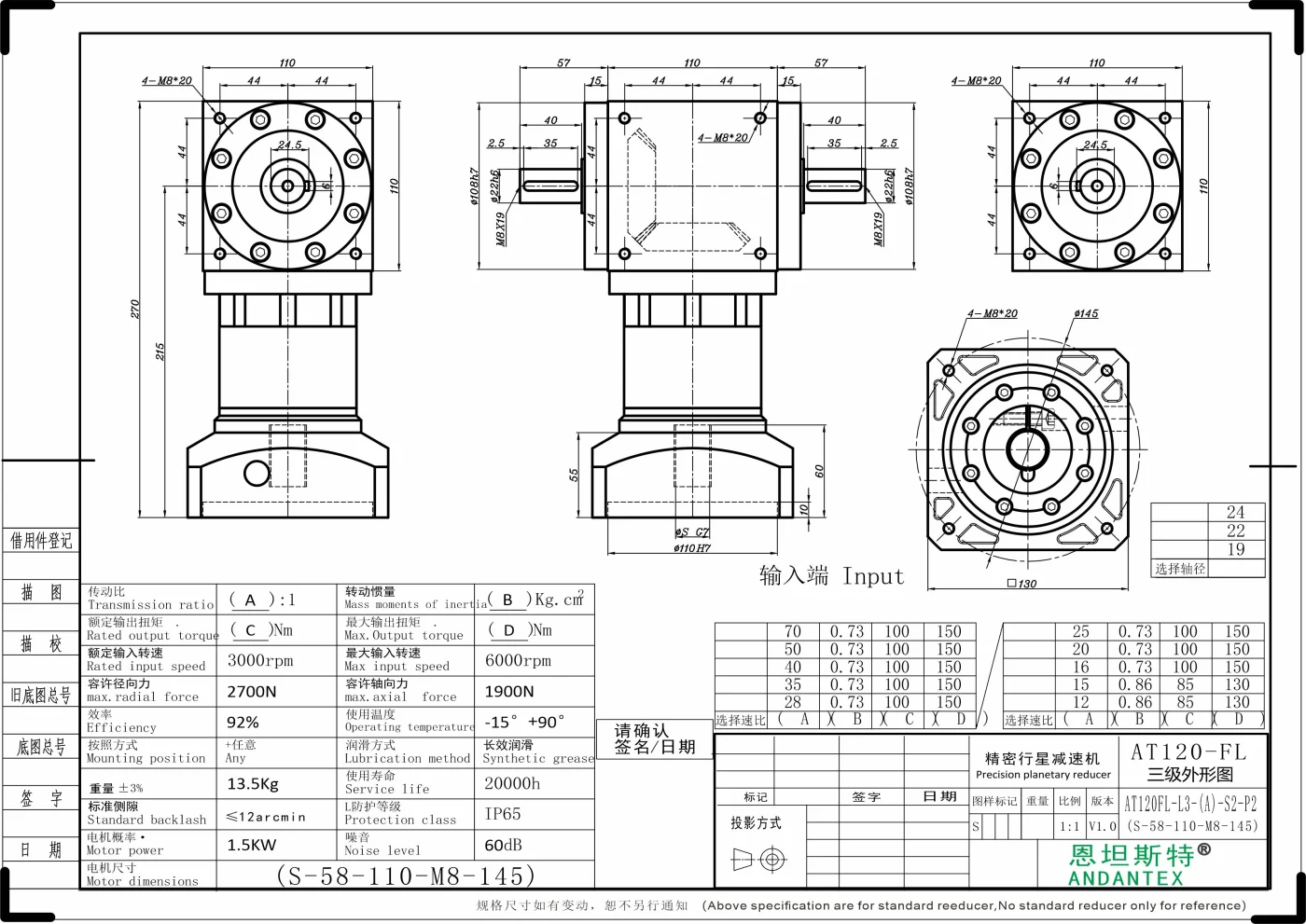 恩坦斯特 ANDANTEX AT120-FL 双轴输出直角减速机 L3 S-110-145M8 — STEP Ø22 mm 二维安装尺寸图