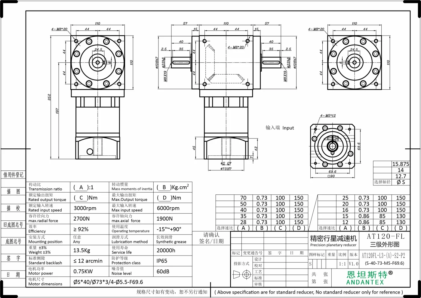 恩坦斯特 ANDANTEX AT120-FL 双轴输出直角减速机 L3 S-73-98.44M5 — STEP Ø14 mm 二维安装尺寸图