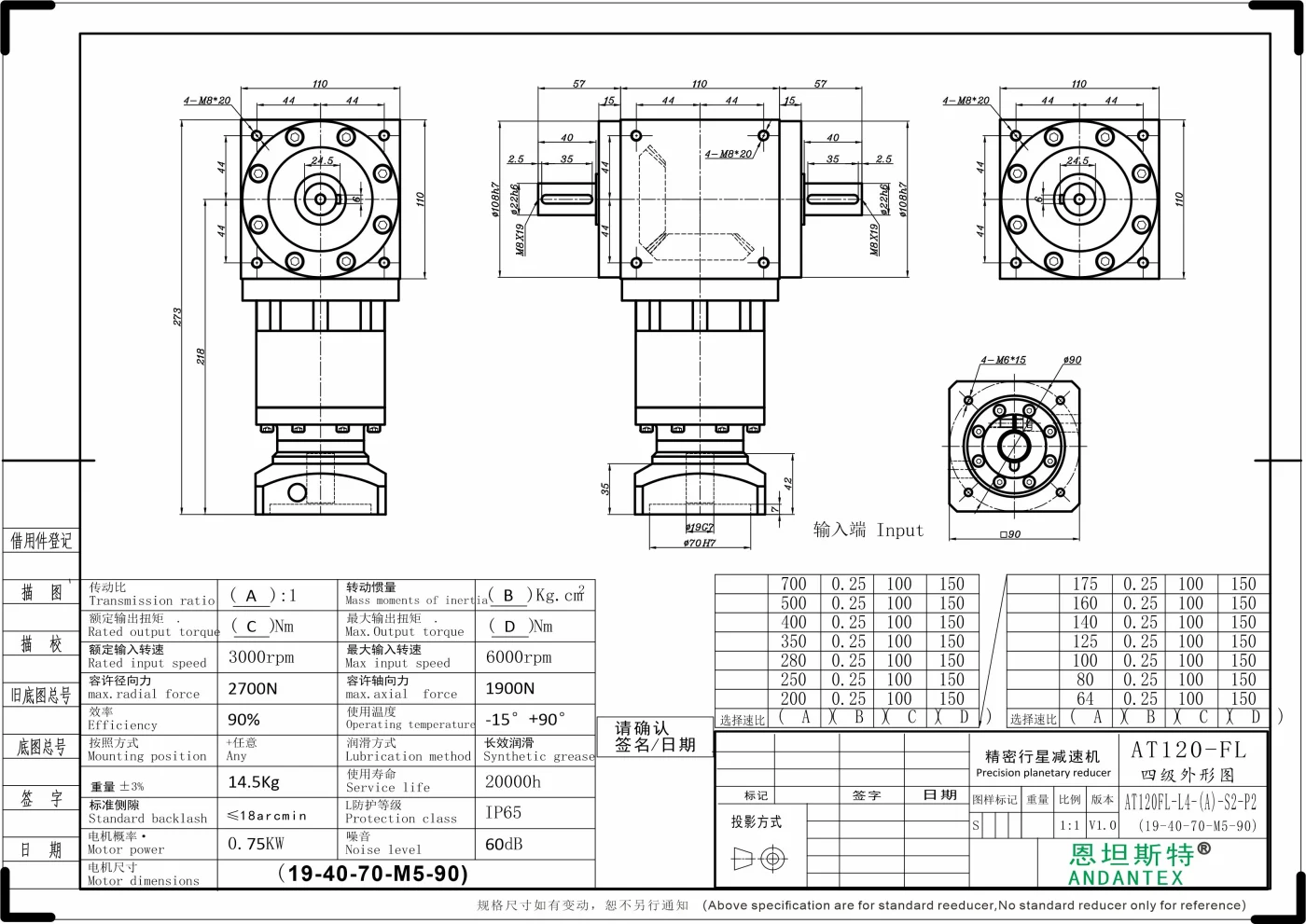 恩坦斯特 ANDANTEX AT120-FL 双轴输出直角减速机 L4 19-70-90M6 二维安装尺寸图