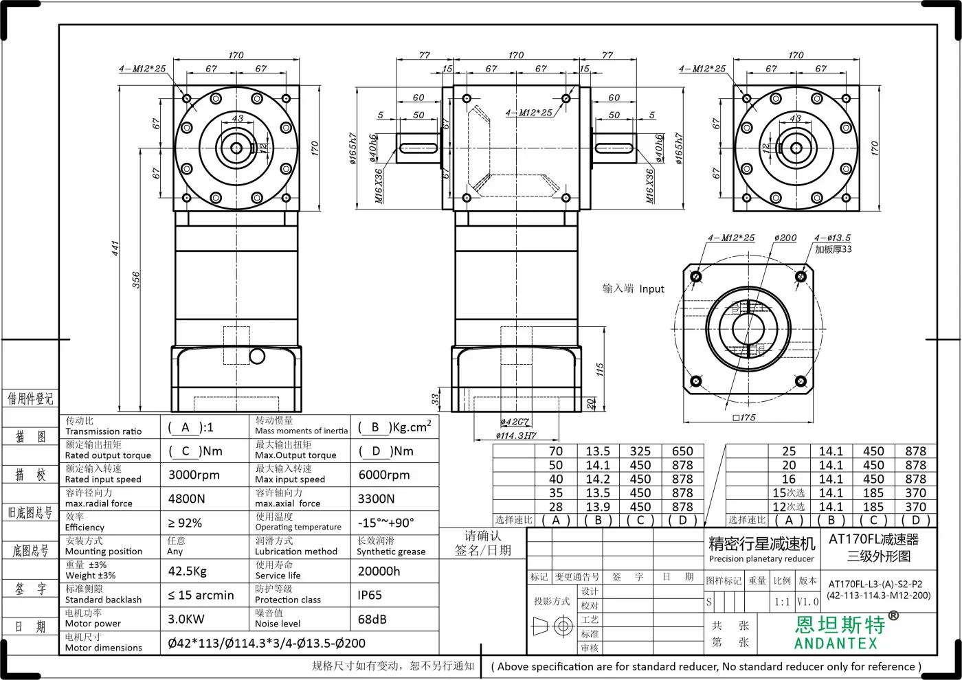 恩坦斯特 ANDANTEX AT170-FL 双轴输出直角减速机 L3 42-114.3-200M12 二维安装尺寸图