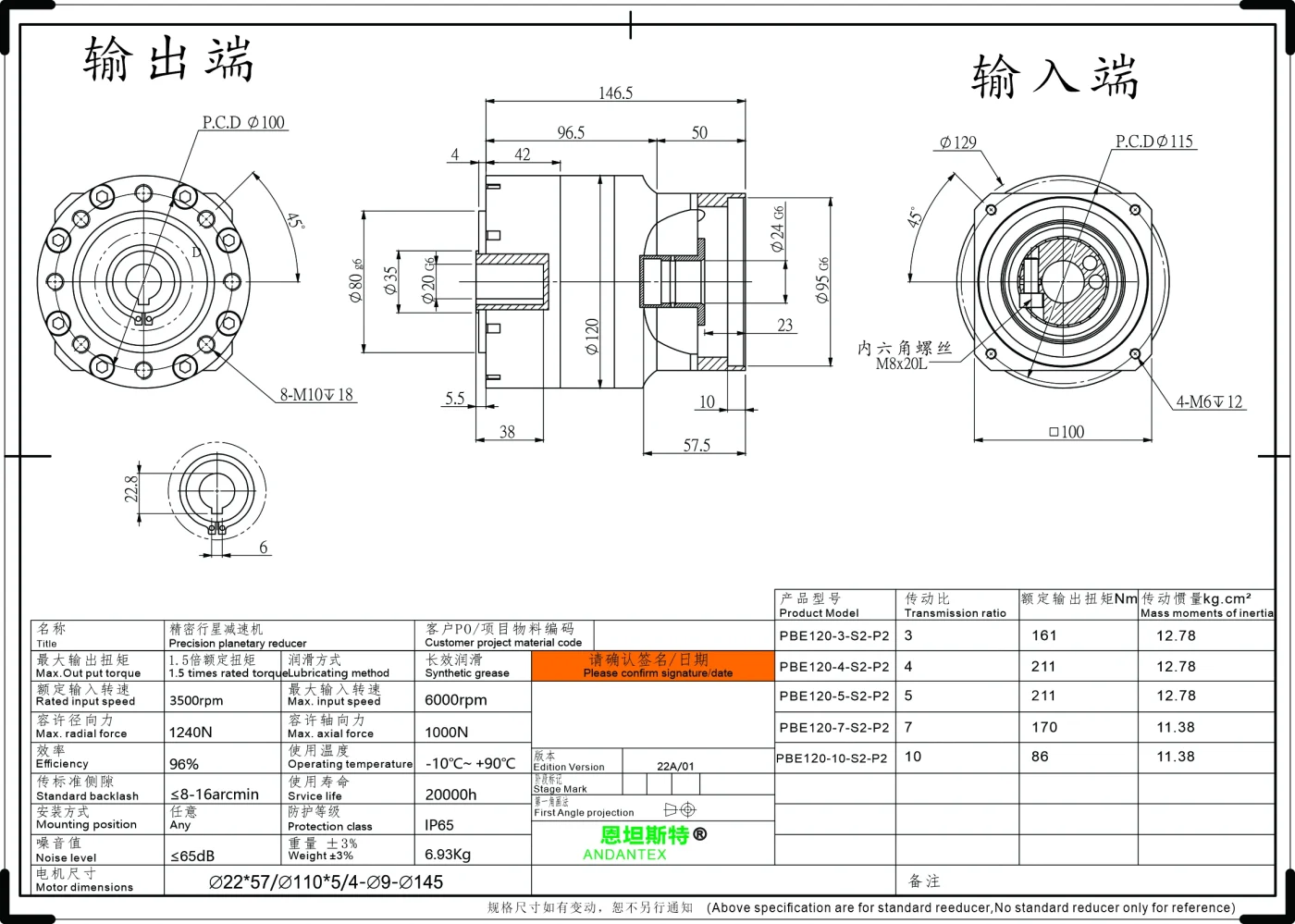 恩坦斯特 ANDANTEX PBE120 L1 键槽孔输出行星减速机安装尺寸图 24-95-115M6