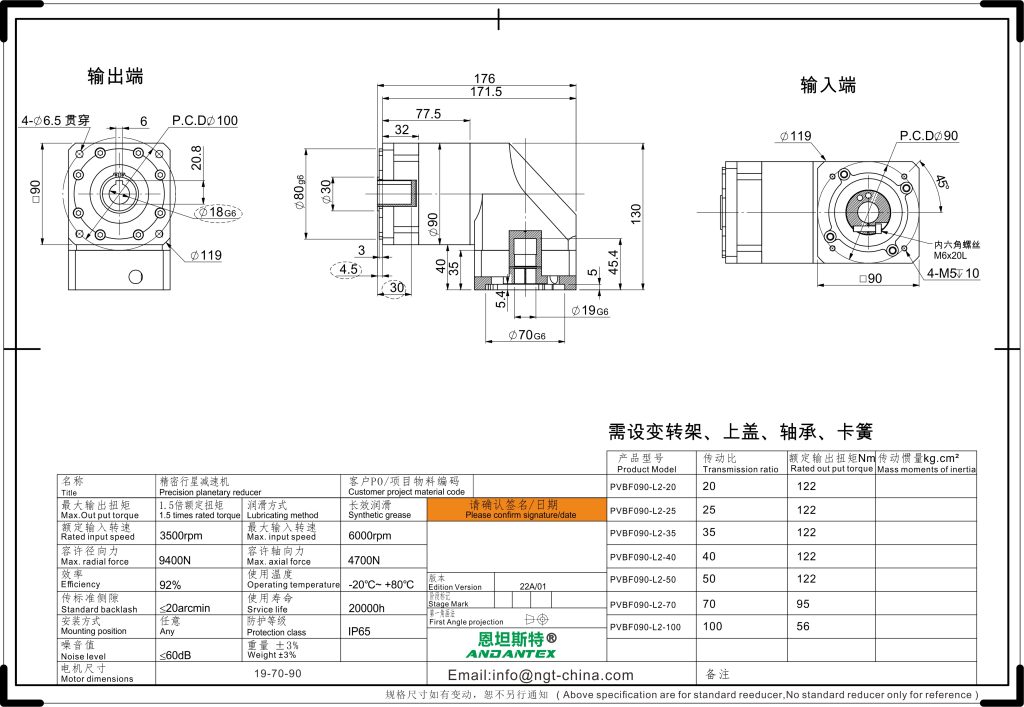 恩坦斯特 ANDANTEX PVBF090 减速机 L2二级 L2 · 19-70-90 · 输出孔Ø18 2D安装尺寸图