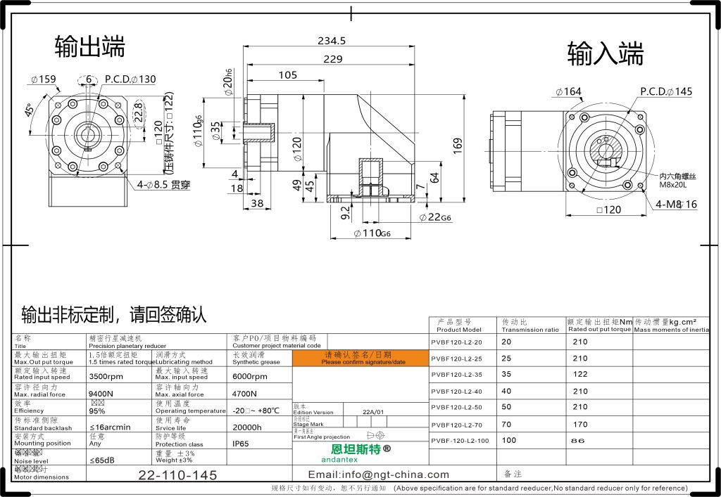 恩坦斯特 ANDANTEX PVBF120 减速机 L2二级 L2 · 22-110-145 · 输出孔Ø20 2D安装尺寸图