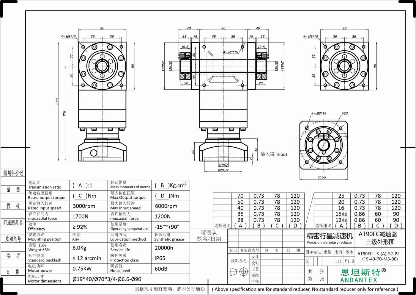 恩坦斯特 ANDANTEX AT090-FC 双孔输出锁紧环直角减速机 L3 19-70-90M6 二维安装尺寸图