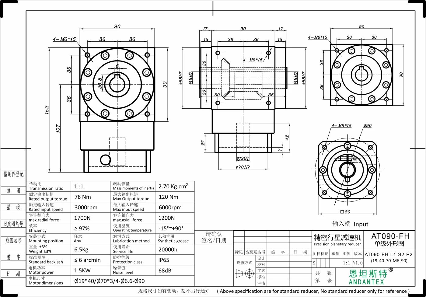 恩坦斯特 ANDANTEX AT090-FH 双键槽孔输出直角减速机 L1 L1-1-19-70-90M6 二维安装尺寸图