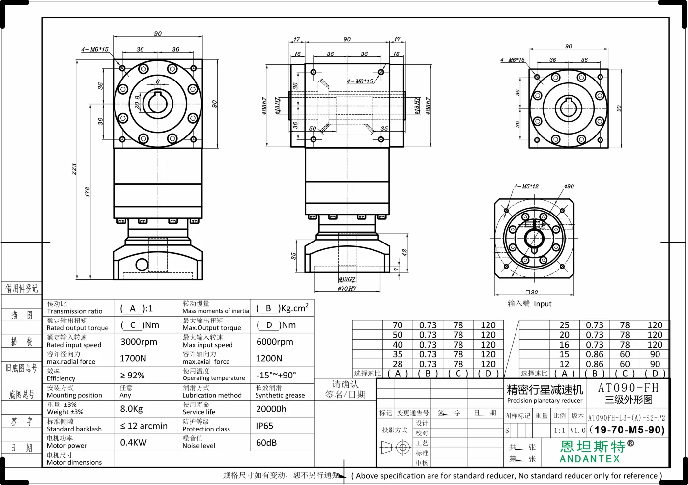 恩坦斯特 ANDANTEX AT090-FH 双键槽孔输出直角减速机 L3 L3-19-70-90M5 二维安装尺寸图