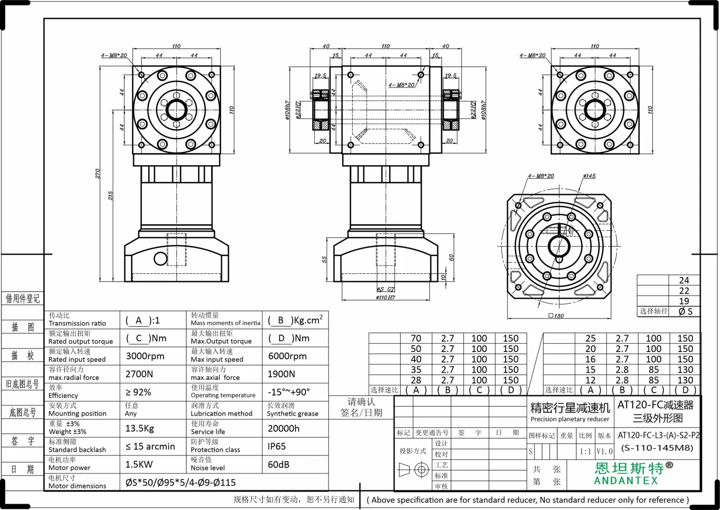 恩坦斯特 ANDANTEX AT120-FC 减速机 L3 S-110-145M8 2D安装尺寸图