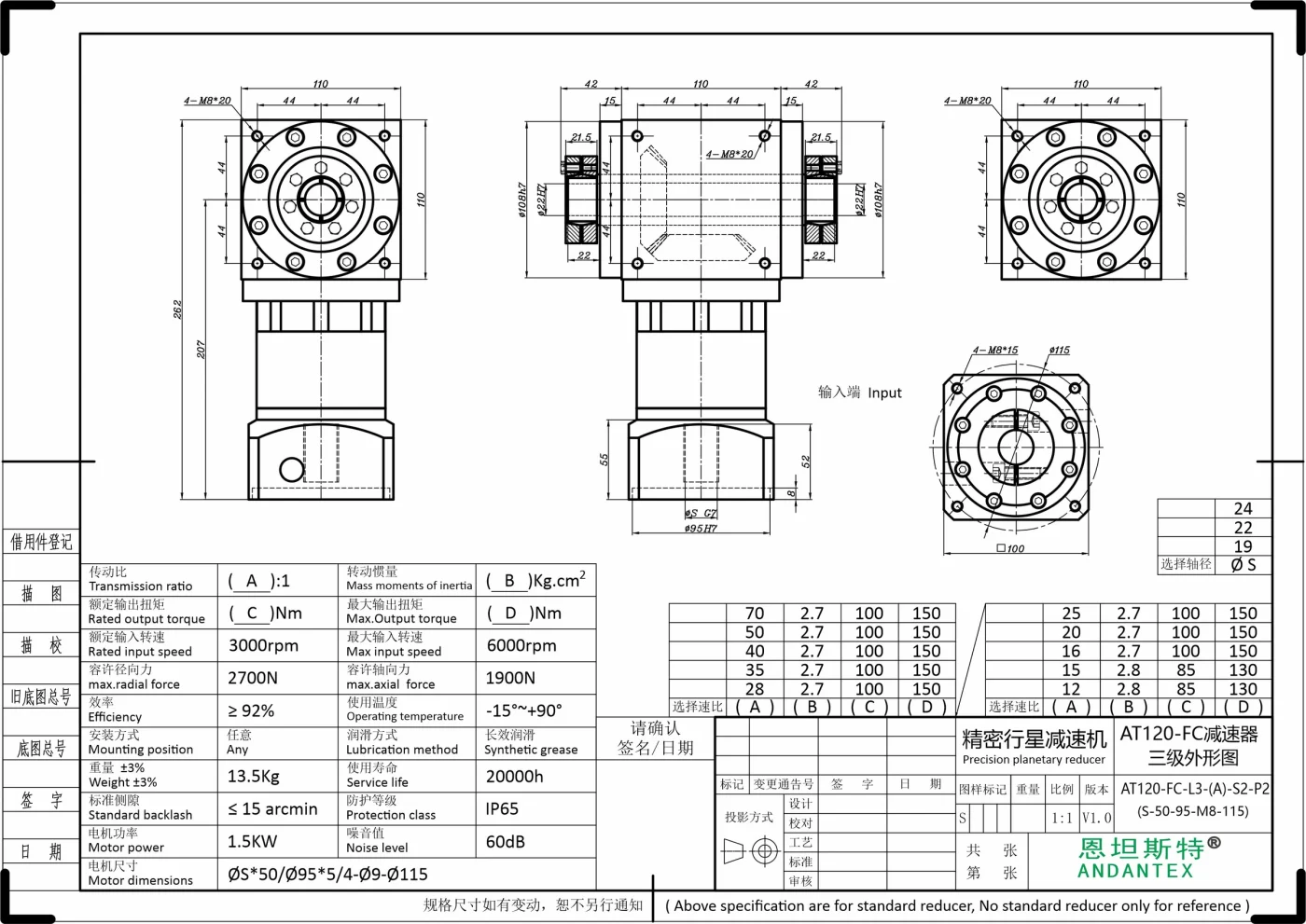 恩坦斯特 ANDANTEX AT120-FC 减速机 L3 S-95-115M8 2D安装尺寸图