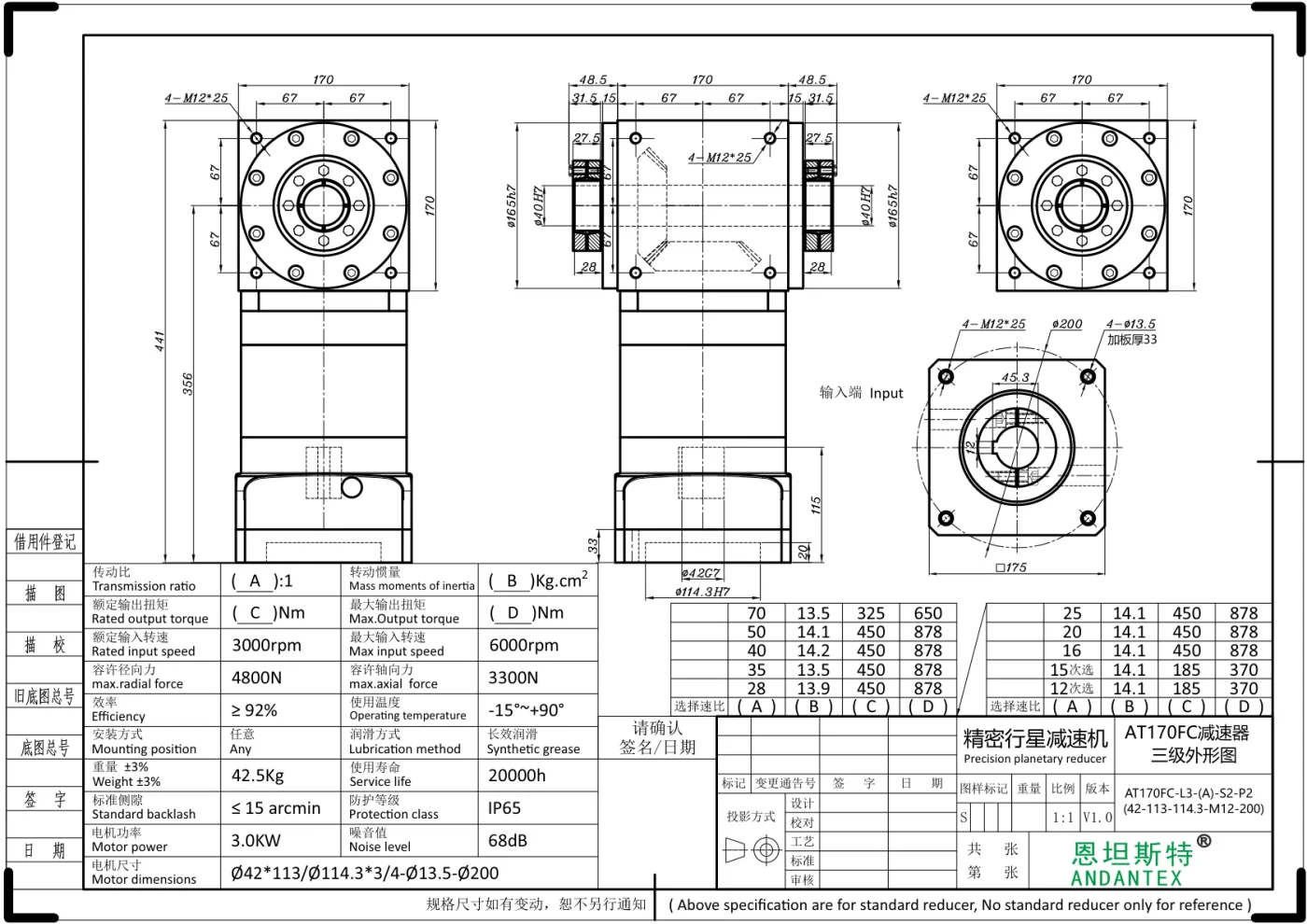 恩坦斯特 ANDANTEX AT170-FC 减速机 L3 42-114.3-200M12 2D安装尺寸图
