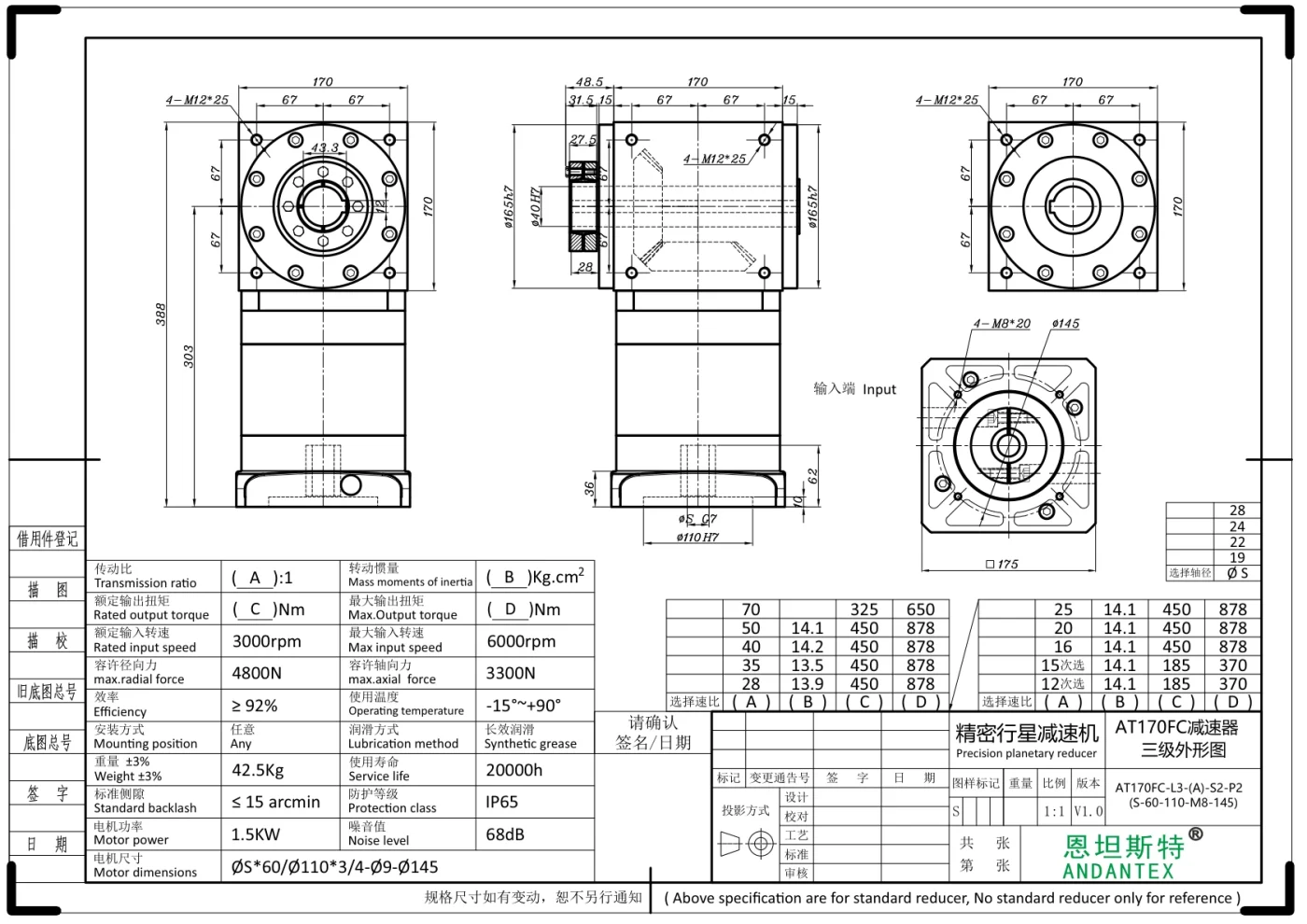 恩坦斯特 ANDANTEX AT170-FC1 减速机 L3 S-110-145M8 2D安装尺寸图