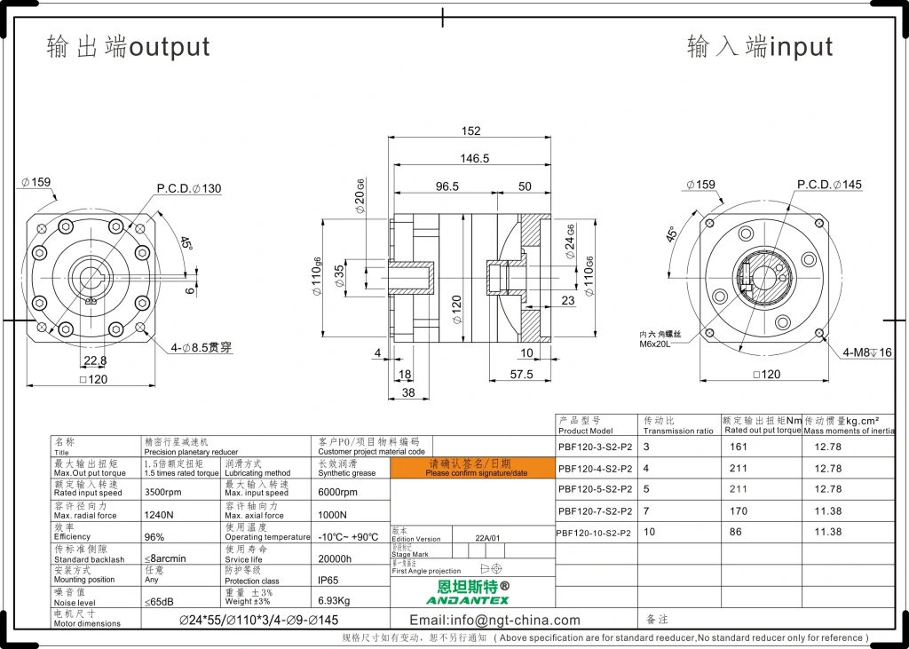 恩坦斯特 ANDANTEX PBF120 减速机 L1一级 PBF120 L1 24-110-145 方法兰孔输出 2D安装尺寸图