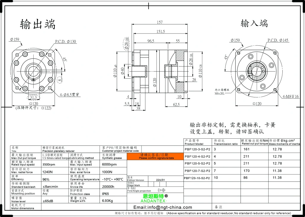 恩坦斯特 ANDANTEX PBF120 减速机 L1一级 PBF120 L1 28-110-145 φ28孔输出 2D安装尺寸图