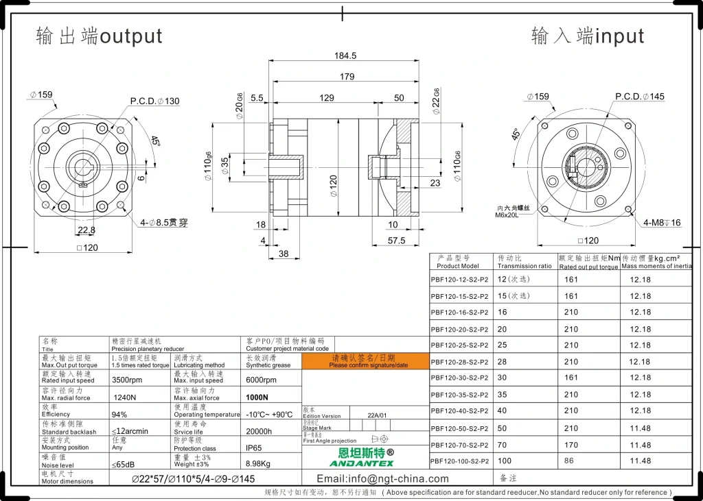恩坦斯特 ANDANTEX PBF120 减速机 L2二级 PBF120 L2 22-110-145 方法兰孔输出 2D安装尺寸图