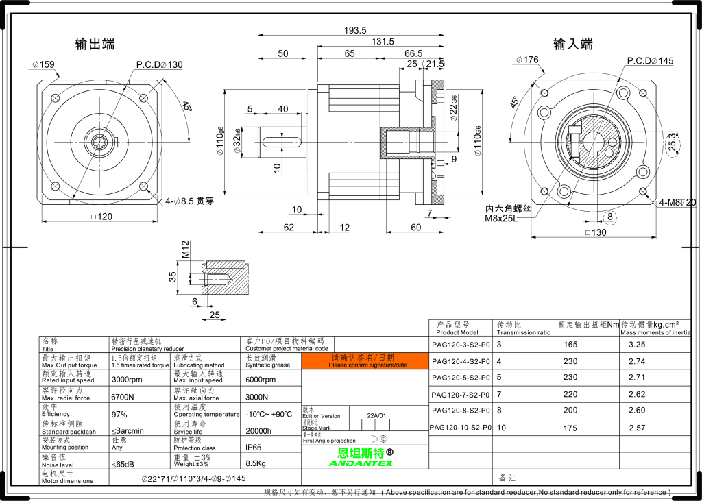 恩坦斯特 ANDANTEX PAG120 斜齿行星减速机 L1一级 22-110-145 接口 / 输入轴键槽8 2D安装尺寸图
