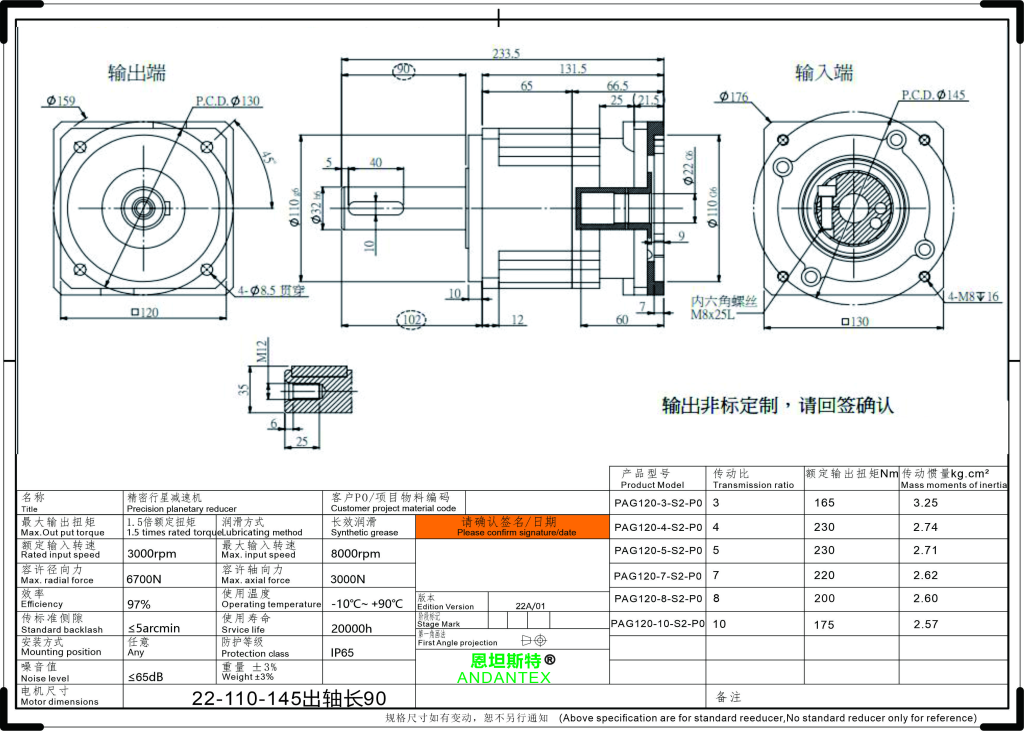 恩坦斯特 ANDANTEX PAG120 斜齿行星减速机 L1一级 22-110-145 接口 / 输出轴长90 2D安装尺寸图
