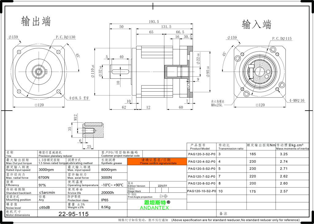 恩坦斯特 ANDANTEX PAG120 斜齿行星减速机 L1一级 22-95-115 接口 2D安装尺寸图