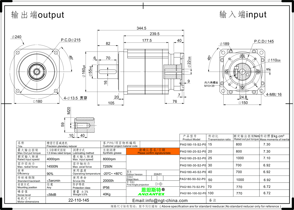 恩坦斯特 ANDANTEX PAG180 斜齿行星减速机 L2二级 22-110-145 接口 2D安装尺寸图