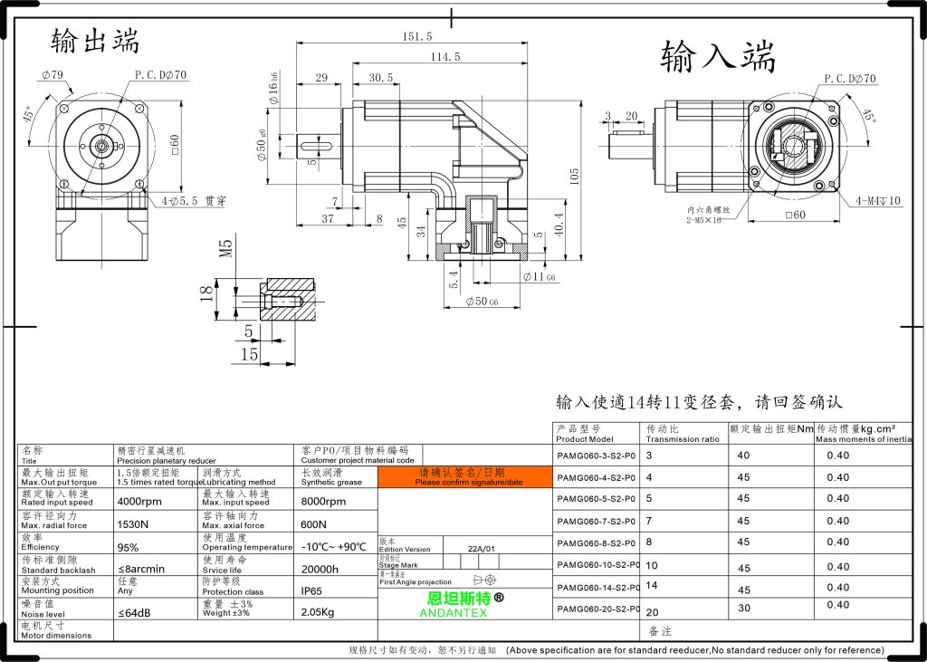 恩坦斯特 ANDANTEX PAMG060 减速机 L1一级 11-50-70 接口 2D安装尺寸图