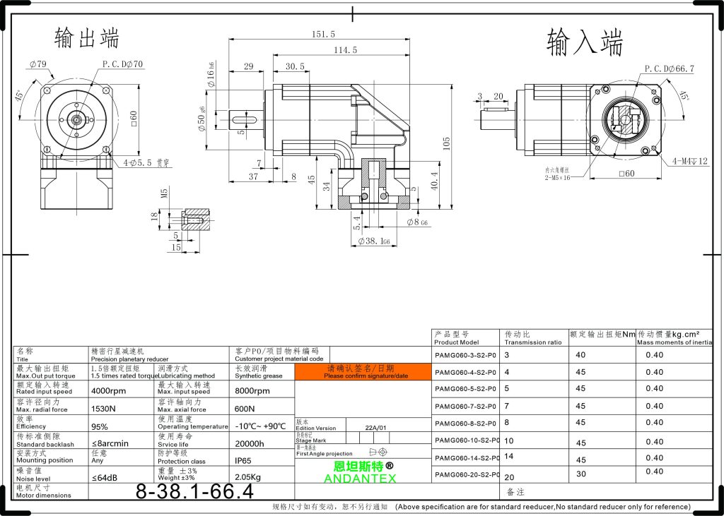 恩坦斯特 ANDANTEX PAMG060 减速机 L1一级 8-38.1-66.7 接口 2D安装尺寸图