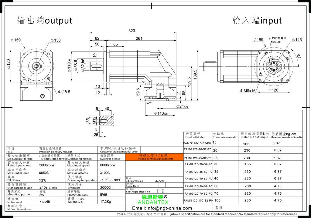 恩坦斯特 ANDANTEX PAMG120 减速机 L2二级 24-110-145 接口 2D安装尺寸图