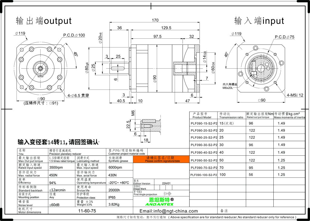 恩坦斯特 ANDANTEX PLF090 直齿行星减速机 L2二级 11-60-75 变径套接口 2D安装尺寸图