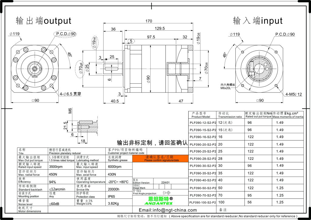 恩坦斯特 ANDANTEX PLF090 直齿行星减速机 L2二级 19-70-90 / 输出19-70-90 非标 2D安装尺寸图