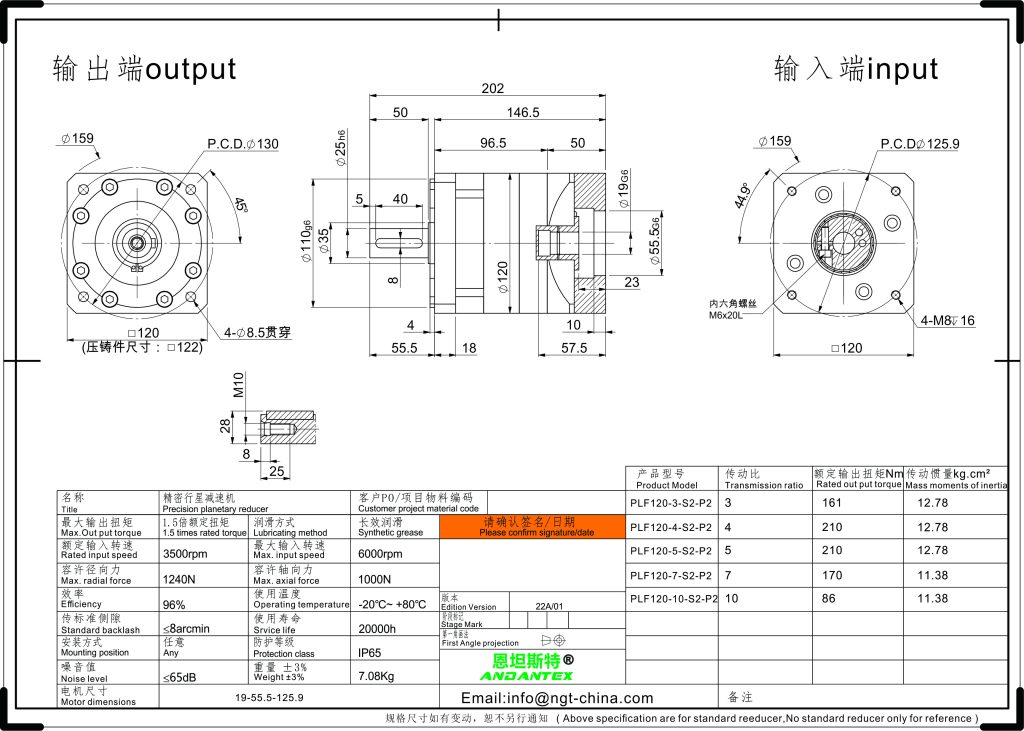 恩坦斯特 ANDANTEX PLF120 直齿行星减速机 L1一级 19-55.5-125.9 接口 2D安装尺寸图