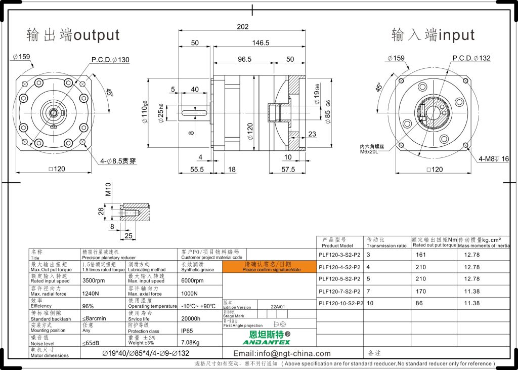 恩坦斯特 ANDANTEX PLF120 直齿行星减速机 L1一级 19-85-132 接口 2D安装尺寸图