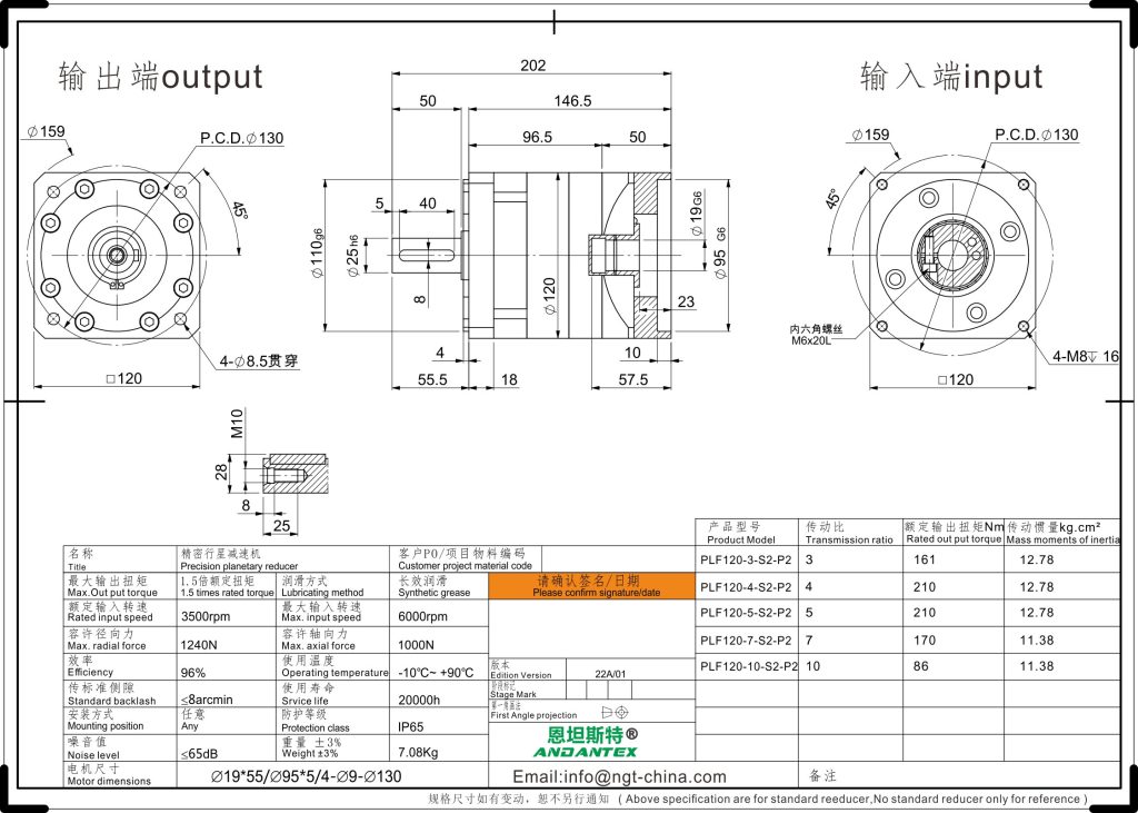 恩坦斯特 ANDANTEX PLF120 直齿行星减速机 L1一级 19-95-130 接口 2D安装尺寸图
