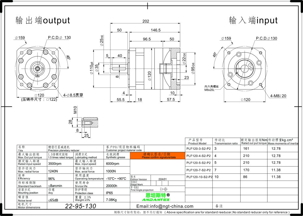 恩坦斯特 ANDANTEX PLF120 直齿行星减速机 L1一级 22-95-130 接口 2D安装尺寸图