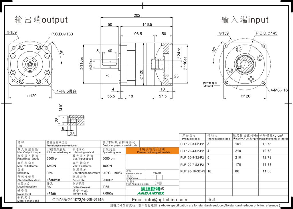 恩坦斯特 ANDANTEX PLF120 直齿行星减速机 L1一级 24-110-145 接口 2D安装尺寸图