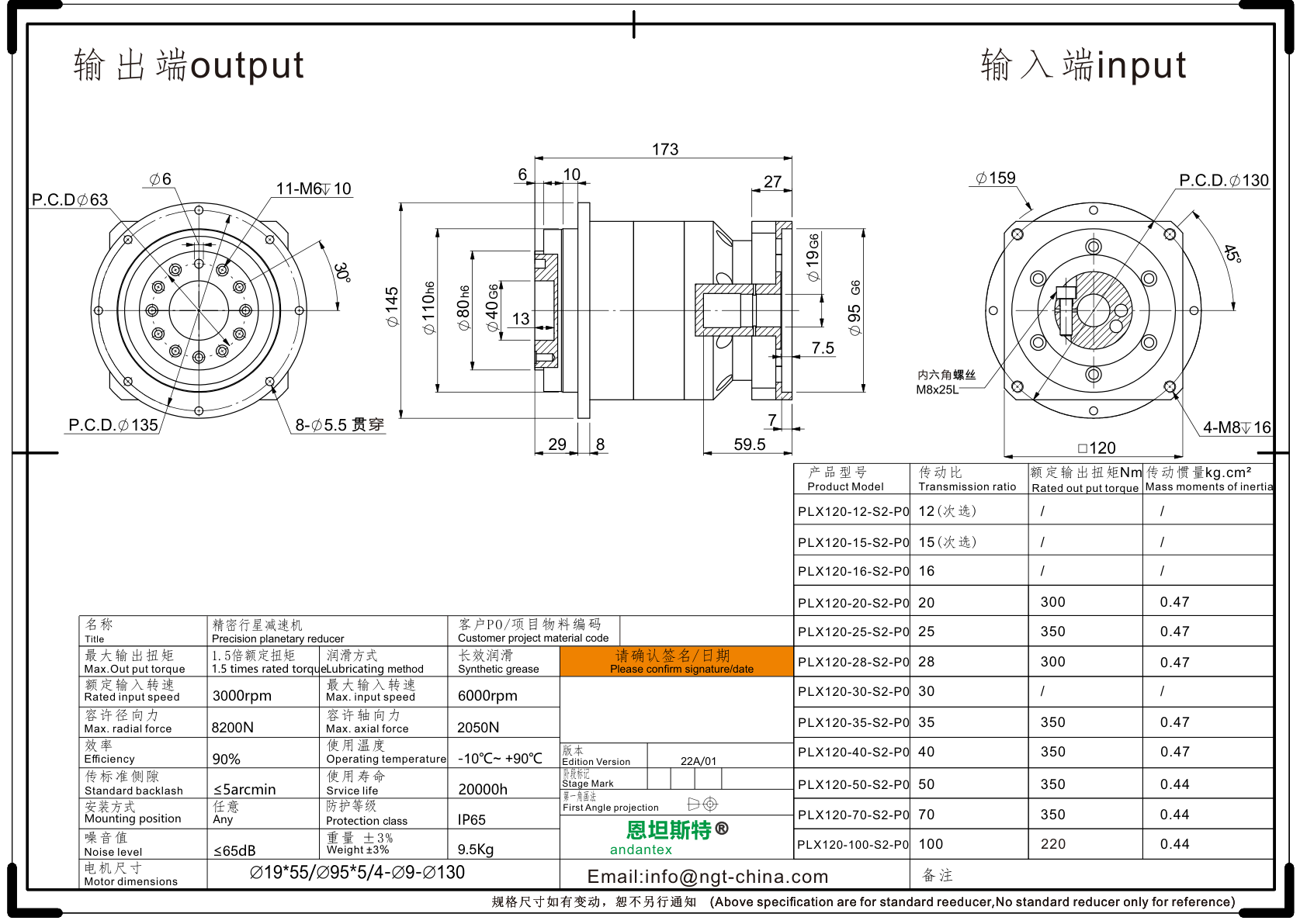 恩坦斯特 ANDANTEX PLX120 减速机 L2二级 L2-19-95-130 2D安装尺寸图