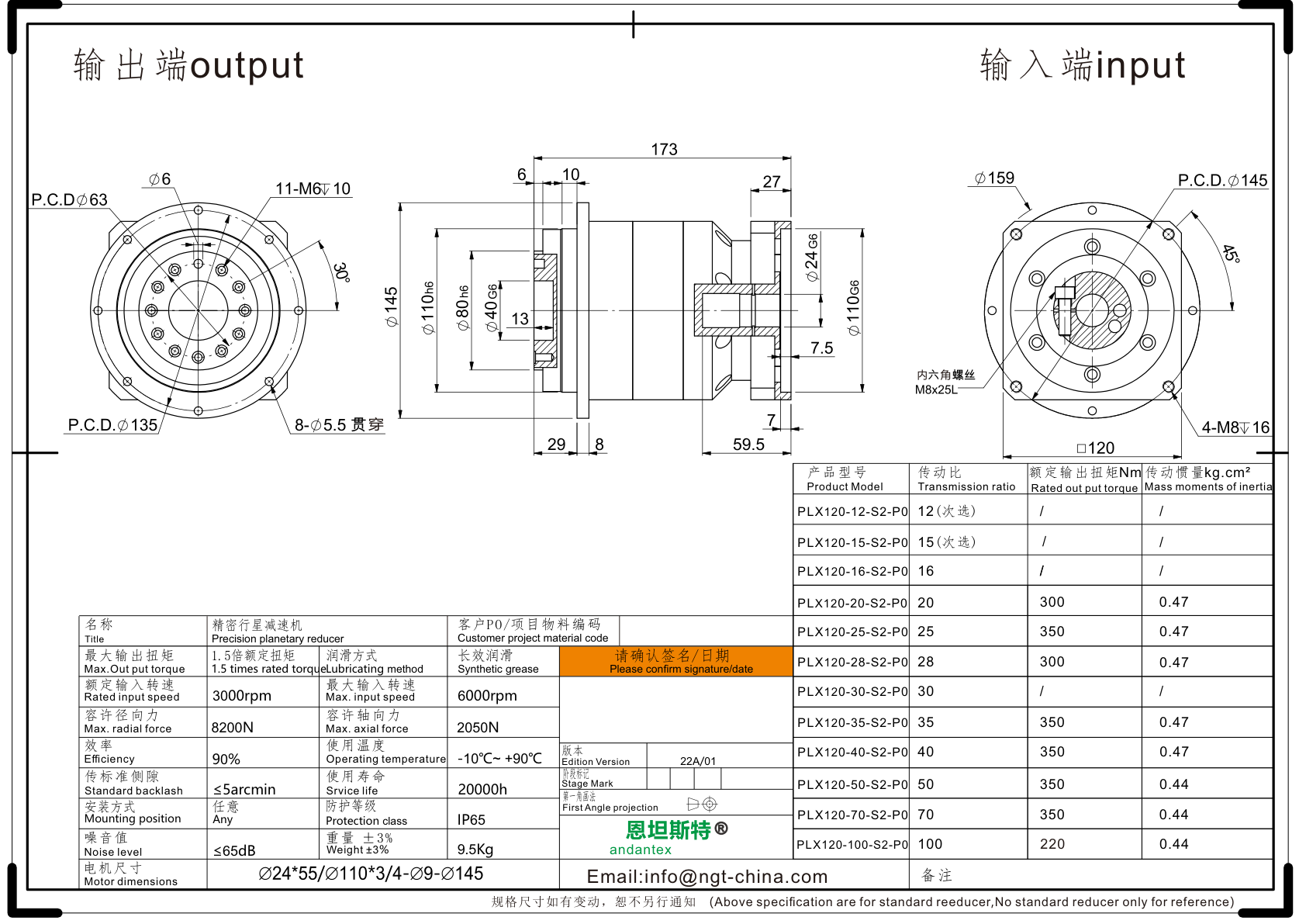 恩坦斯特 ANDANTEX PLX120 减速机 L2二级 L2-24-110-145 2D安装尺寸图