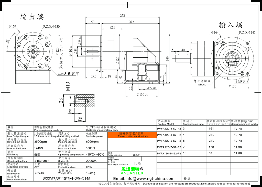 恩坦斯特 ANDANTEX PVFA120 减速机 L1一级 22-110-145 接口 2D安装尺寸图