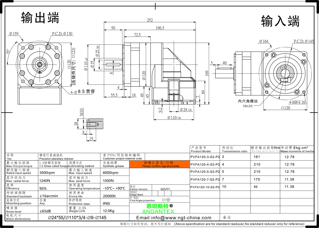 恩坦斯特 ANDANTEX PVFA120 减速机 L1一级 24-110-145 接口 2D安装尺寸图