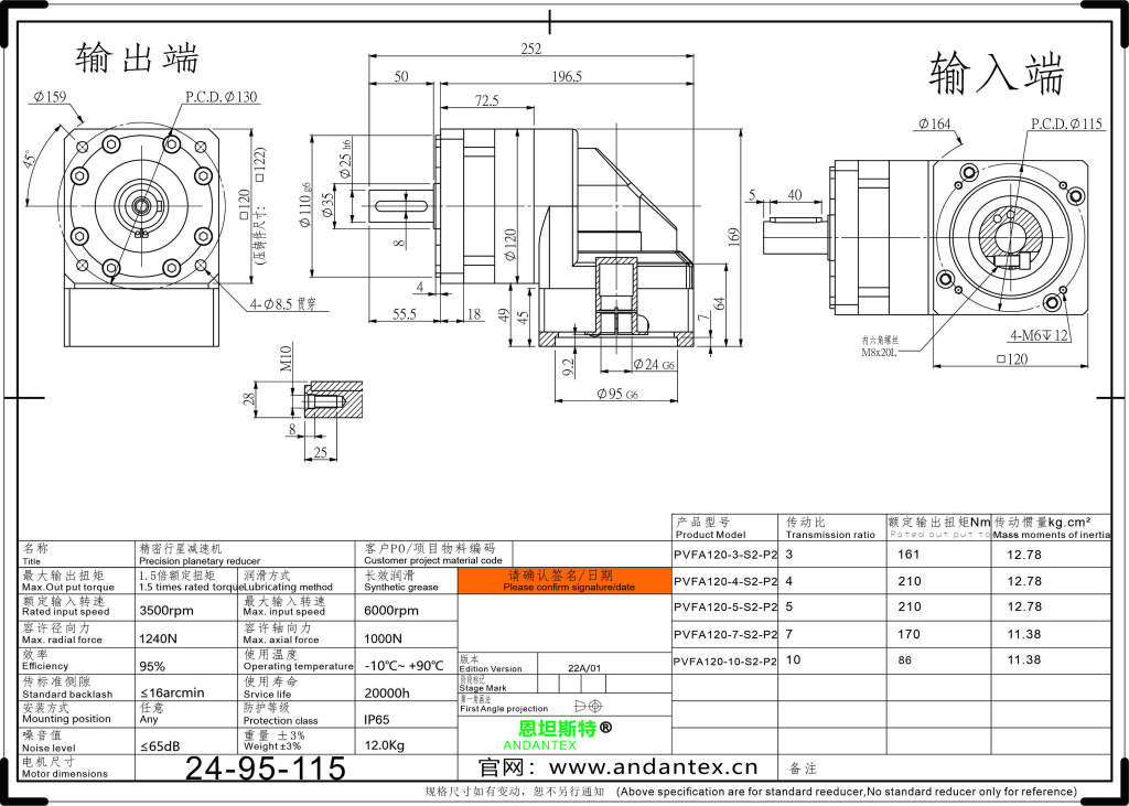 恩坦斯特 ANDANTEX PVFA120 减速机 L1一级 24-95-115 接口 2D安装尺寸图