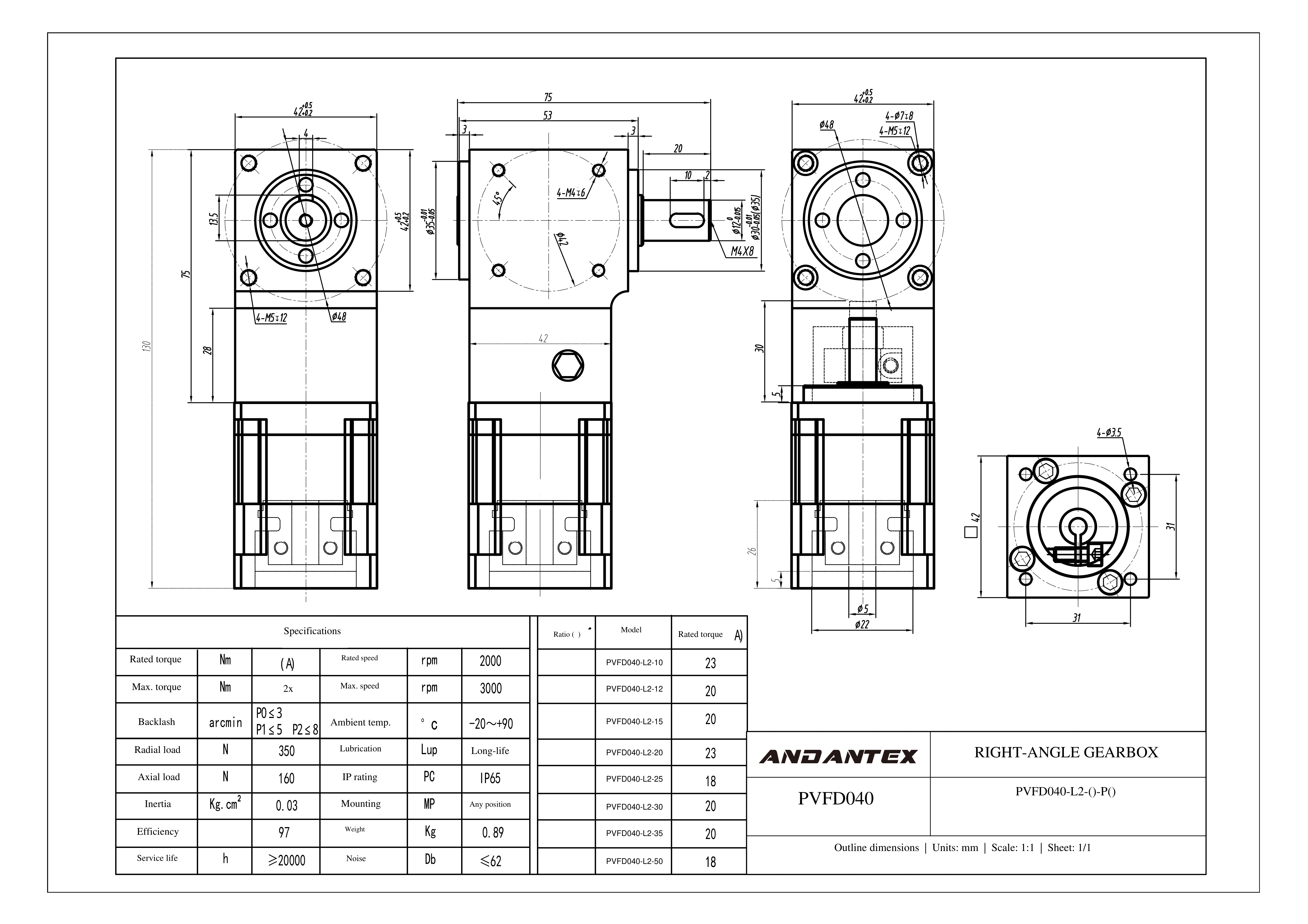恩坦斯特 ANDANTEX PVFD040 减速机 L2二级 PVFD040-L2-5-22-3.5-43.8-配42步进-113 2D安装尺寸图