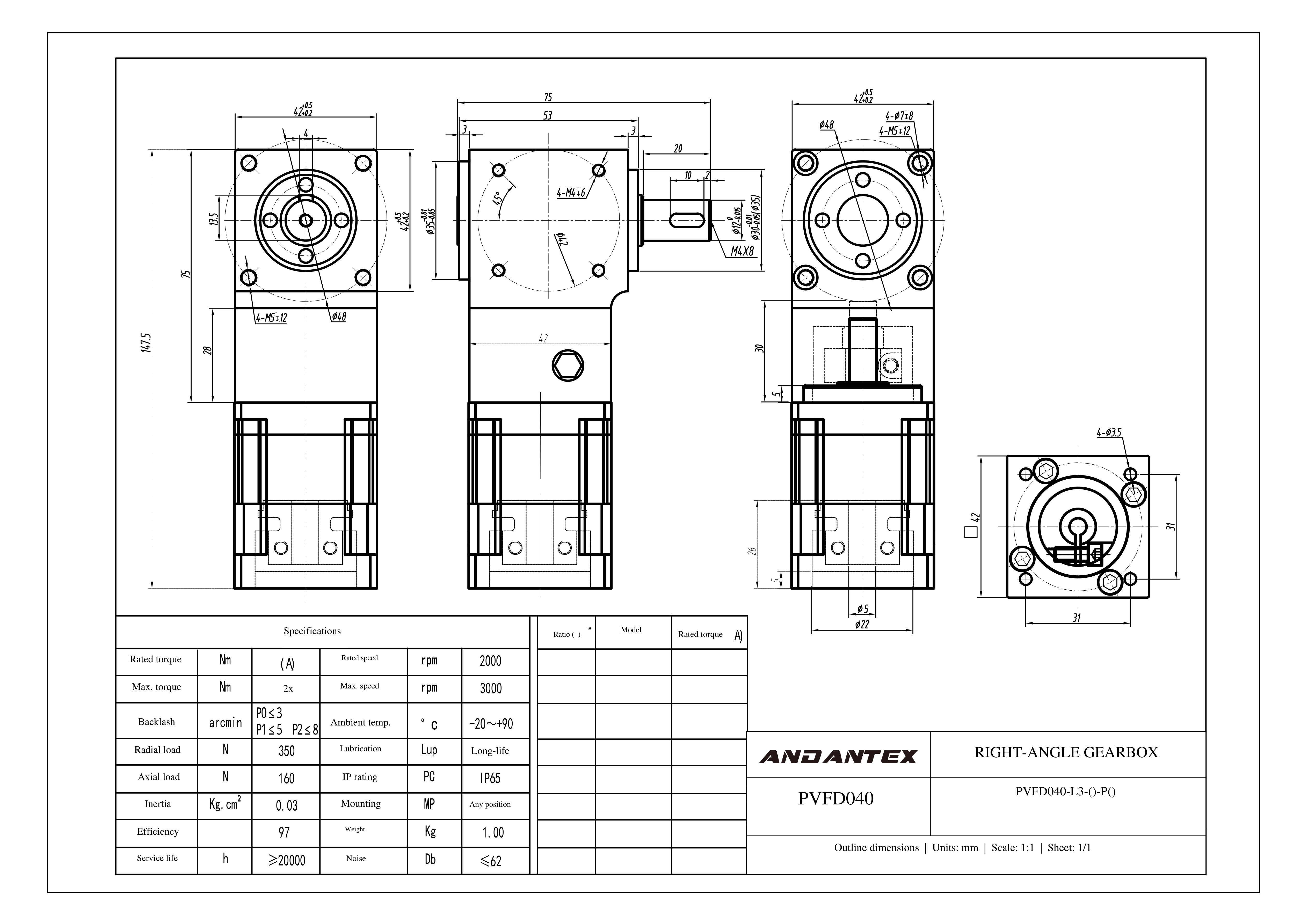 恩坦斯特 ANDANTEX PVFD040 减速机 L3 PVFD040-L3-5-22-3.5-43.8-配42步进-113 2D安装尺寸图