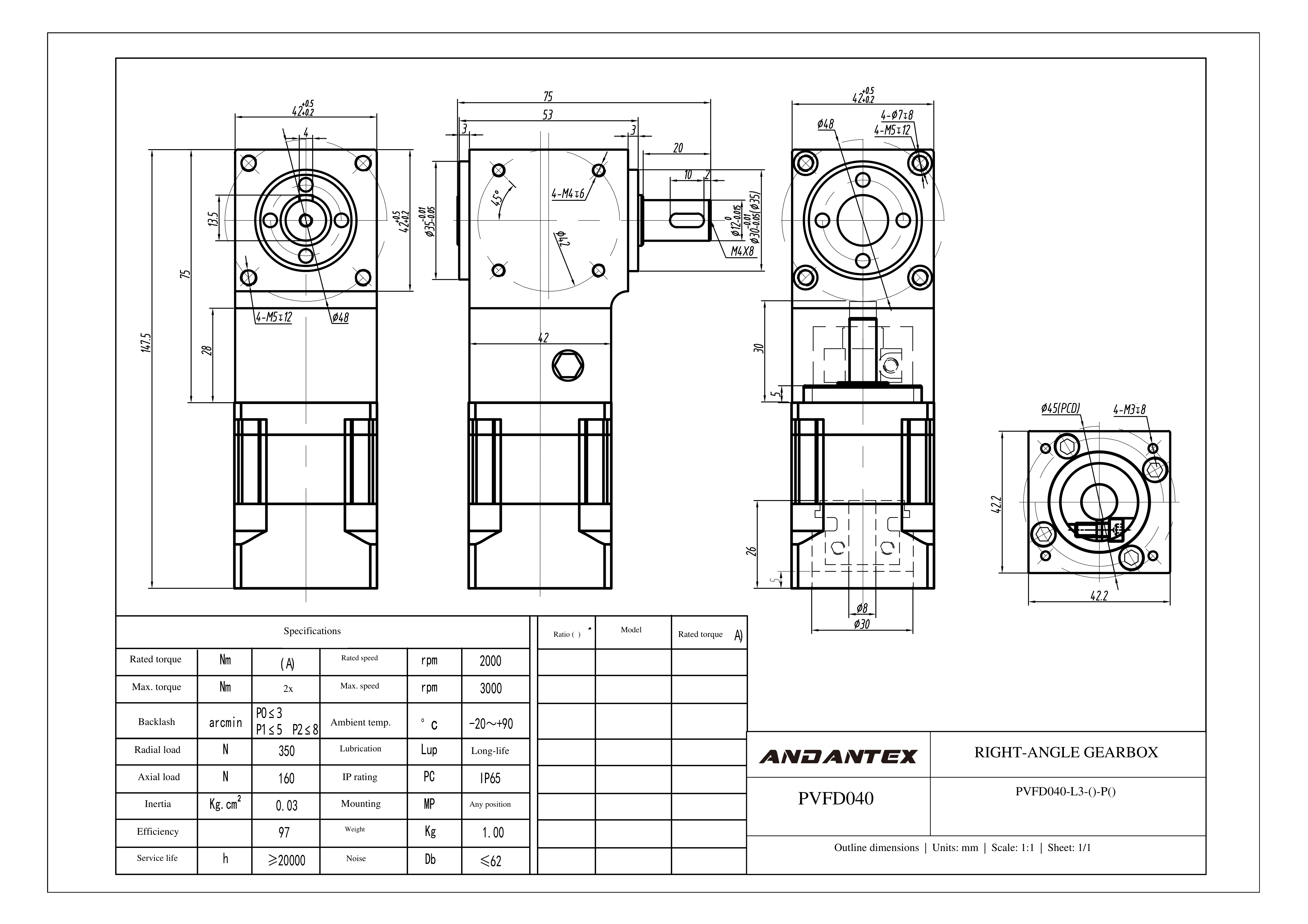 恩坦斯特 ANDANTEX PVFD040 减速机 L3 PVFD040-L3-8-30-45-M3-113 2D安装尺寸图