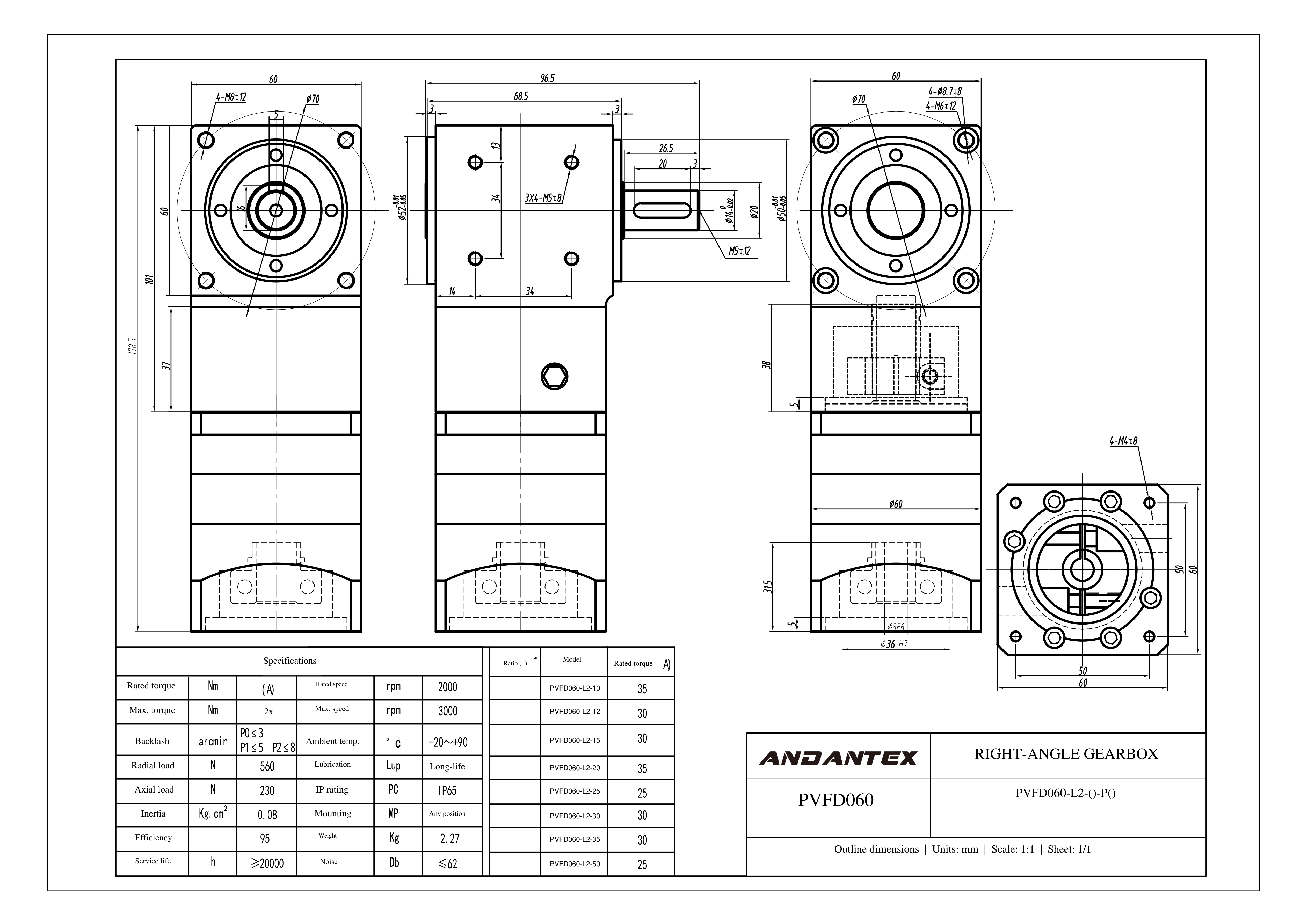 恩坦斯特 ANDANTEX PVFD060 减速机 L2二级 PVFD060-L2-8-36-7-M4单轴-For-60Dimensions-113 2D安装尺寸图