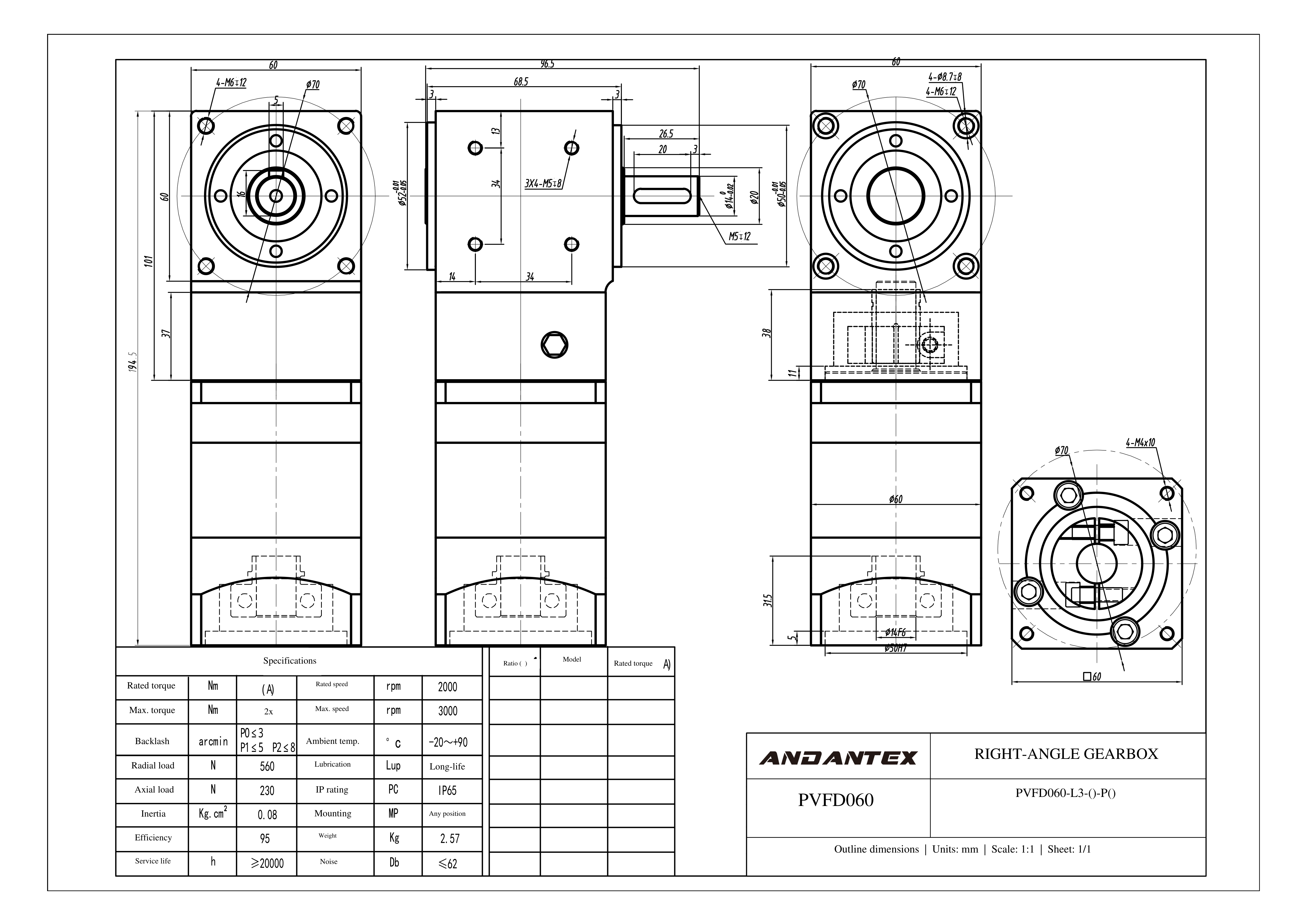 恩坦斯特 ANDANTEX PVFD060 减速机 L3 PVFD060-L3-14-50-70-M4单轴-113 2D安装尺寸图