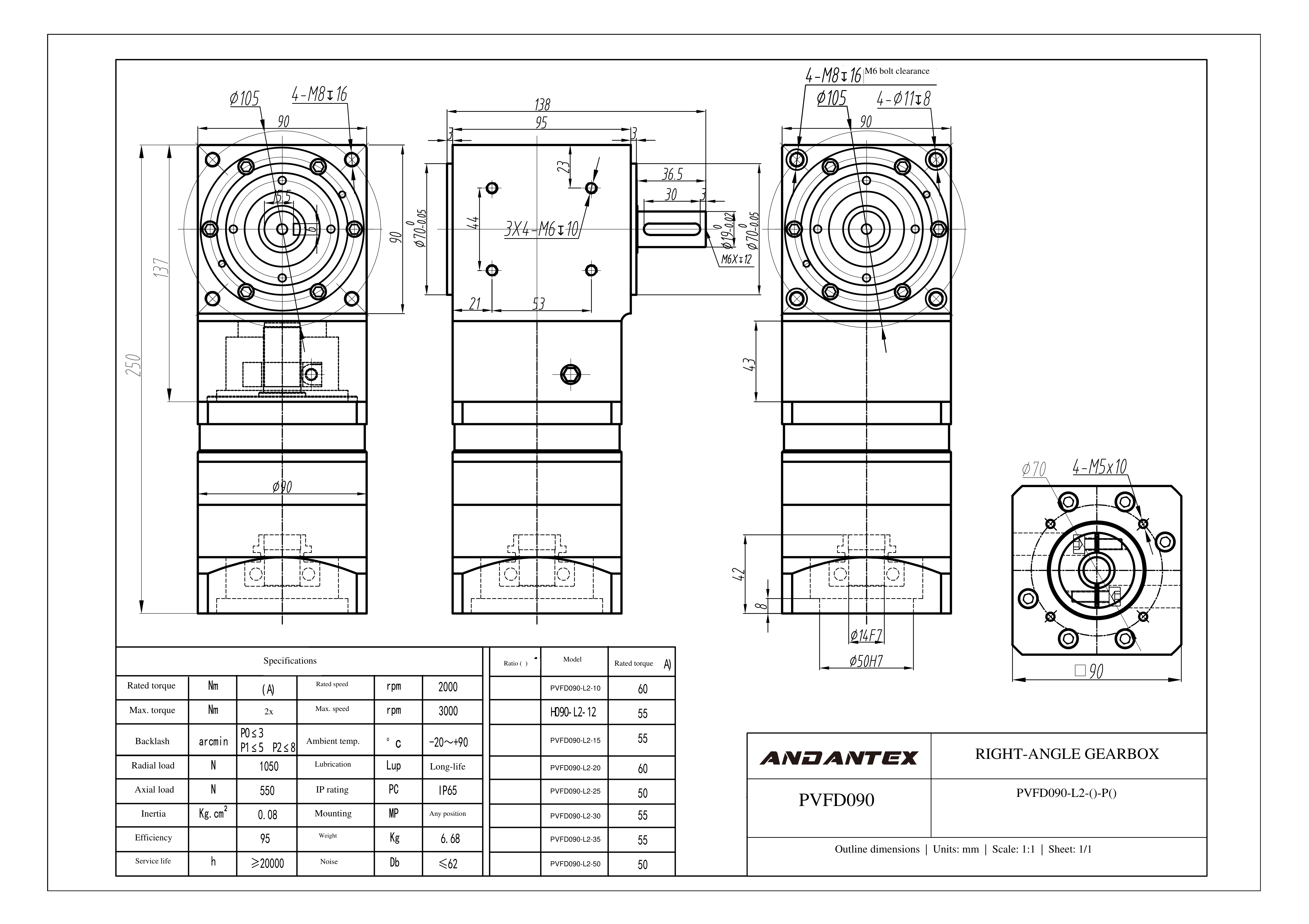 恩坦斯特 ANDANTEX PVFD090 减速机 L2二级 PVFD090-L2-14-50-70-M5-113 2D安装尺寸图