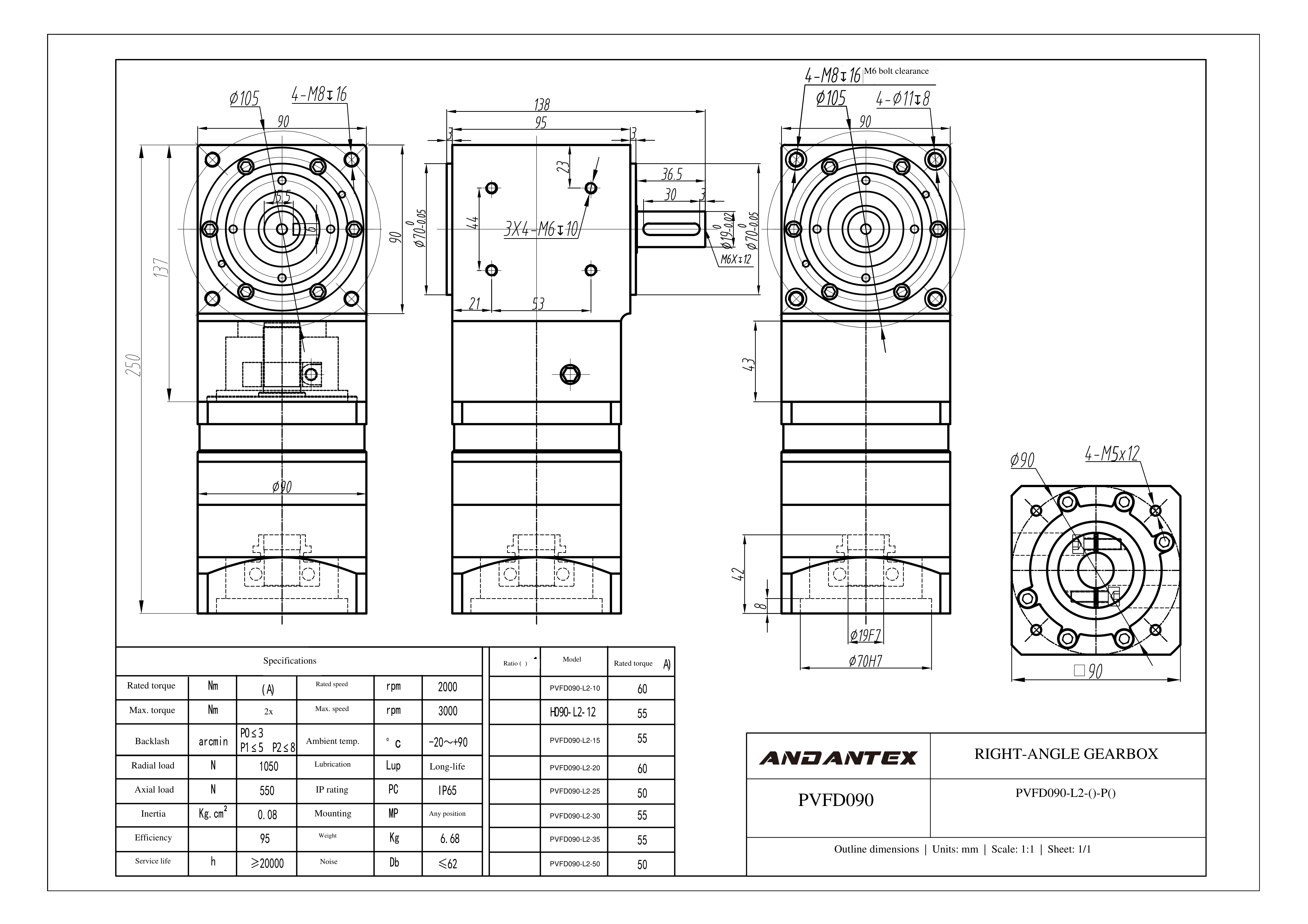 恩坦斯特 ANDANTEX PVFD090 减速机 L2二级 PVFD090-L2-19-70-90-M5单轴-113 2D安装尺寸图