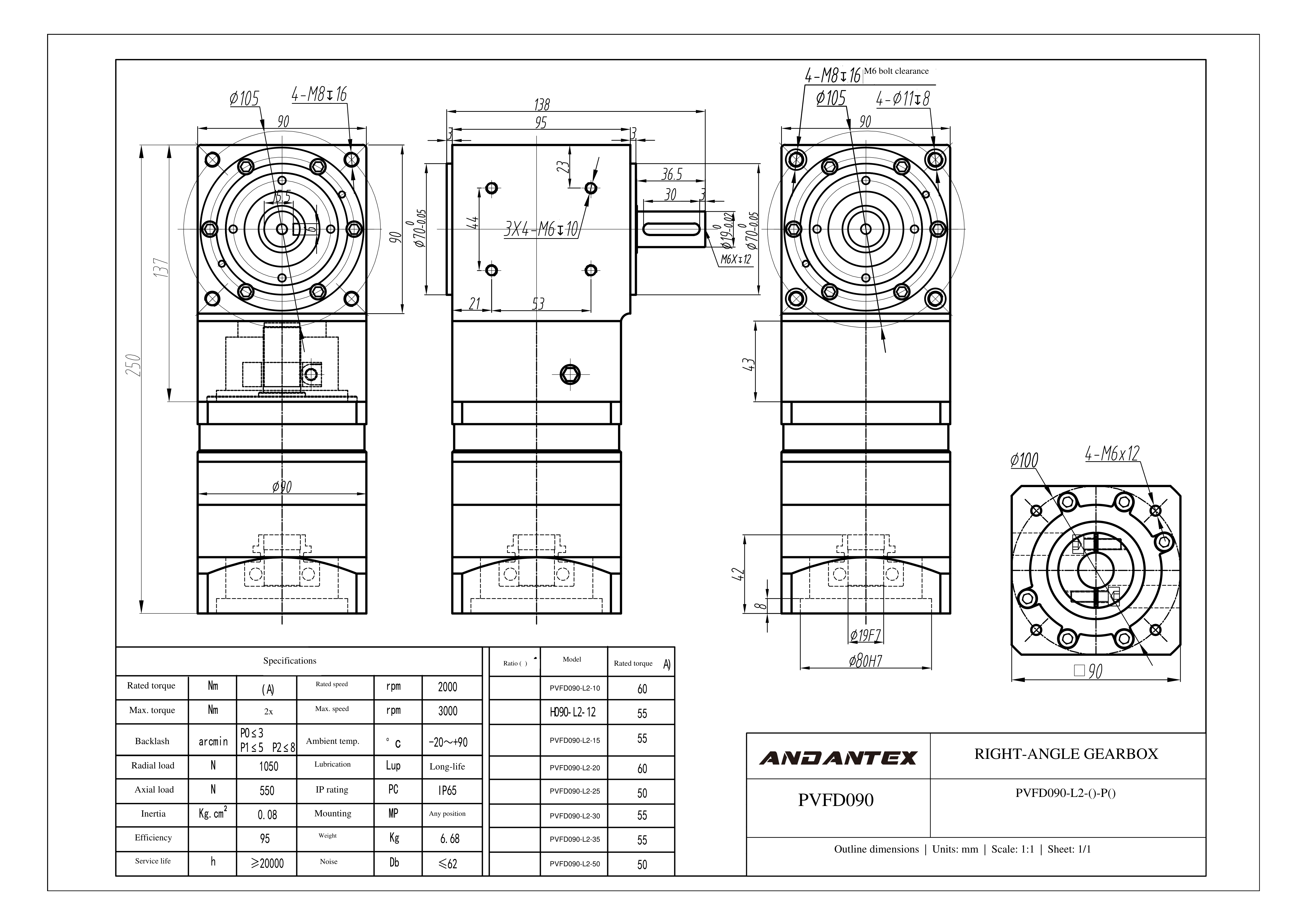 恩坦斯特 ANDANTEX PVFD090 减速机 L2二级 PVFD090-L2-19-80-100-M6单轴-113 2D安装尺寸图