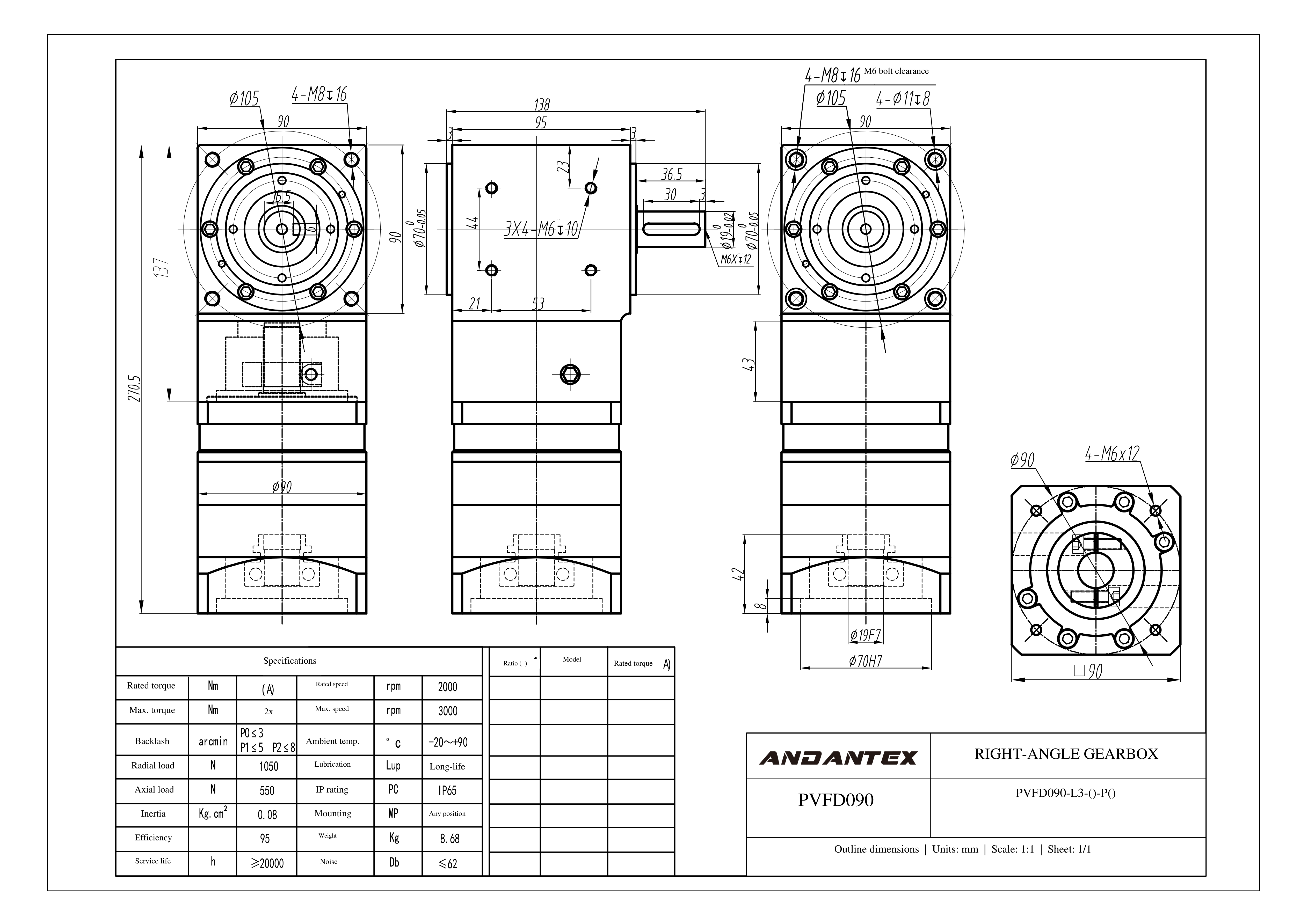恩坦斯特 ANDANTEX PVFD090 减速机 L3 PVFD090-L3-19-70-90-M6单轴-113 2D安装尺寸图